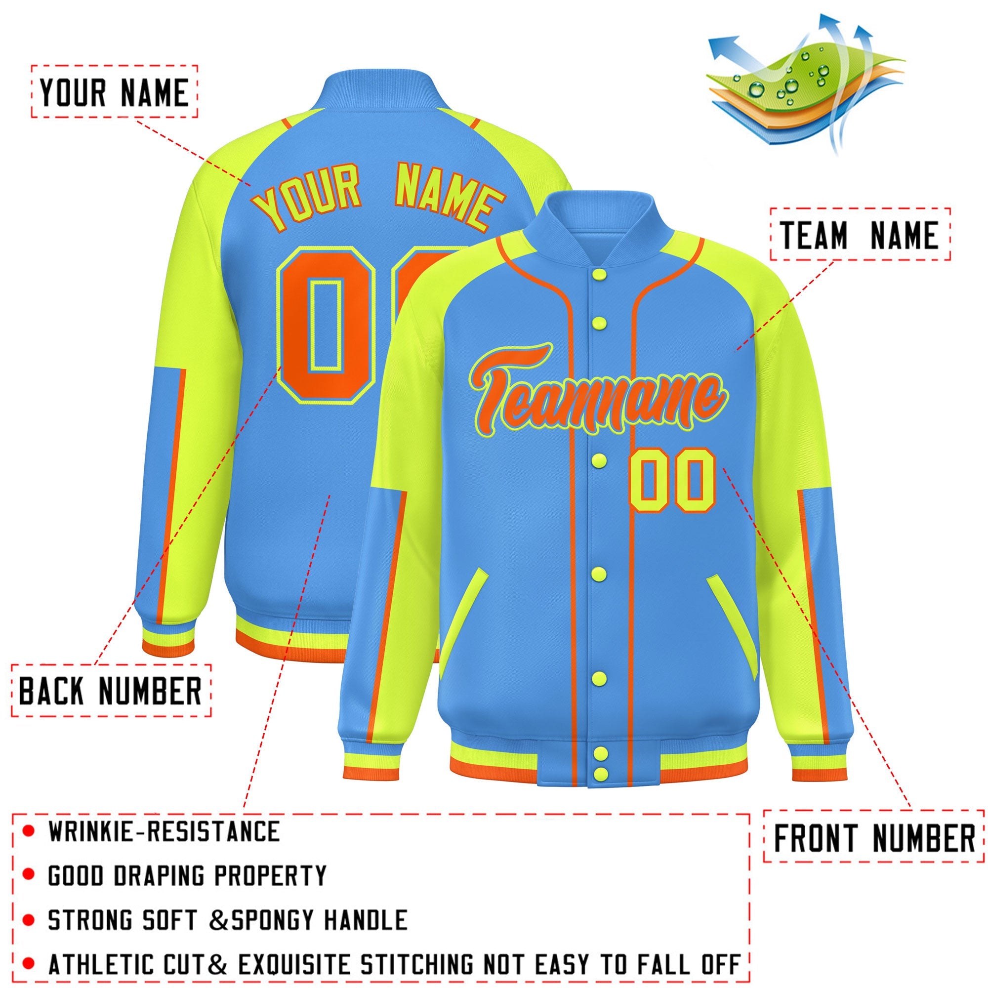 Custom Powder Blue Neon Green-Powder Blue Raglan Sleeves Varsity Full-Snap Letterman Baseball Jacket