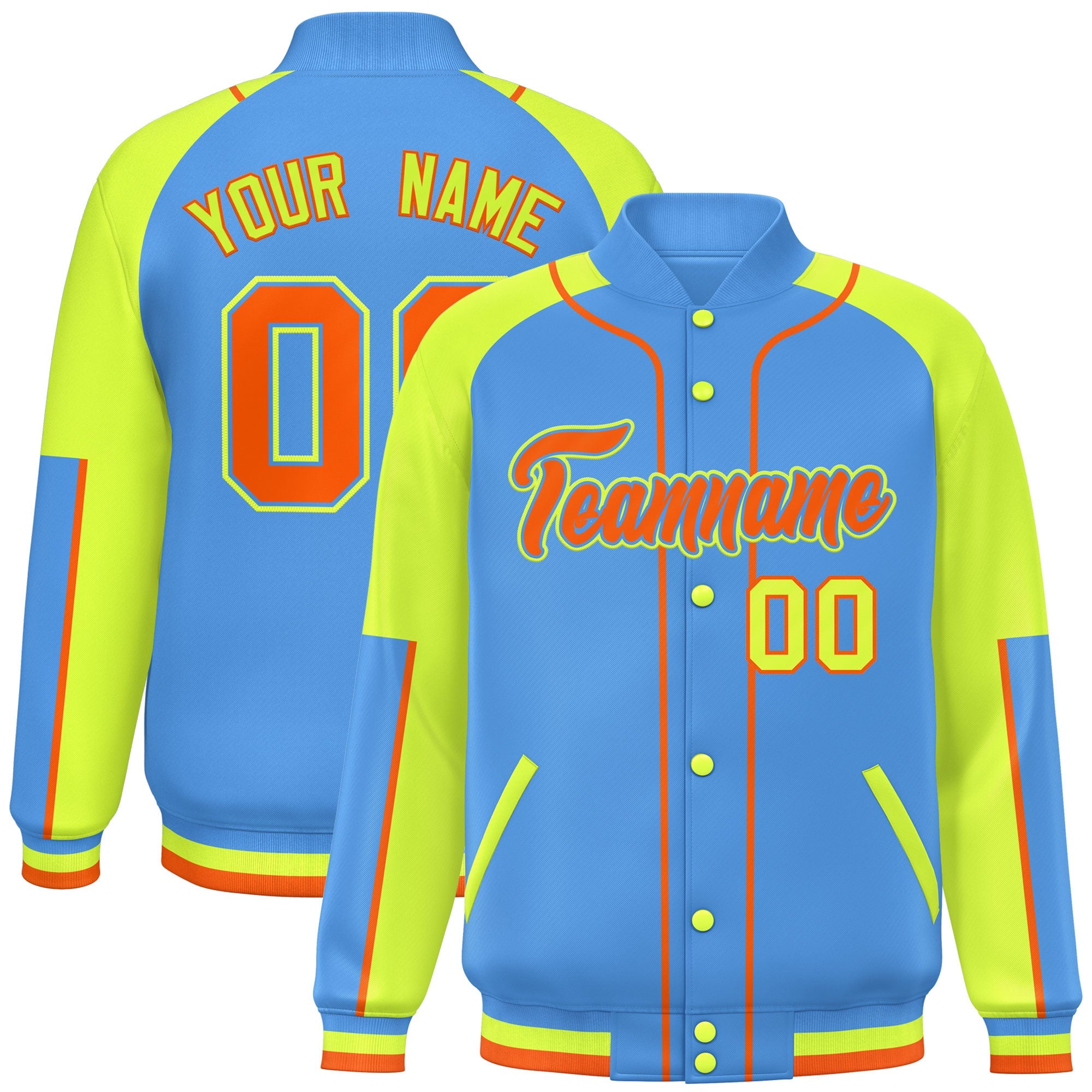 Custom Powder Blue Neon Green-Powder Blue Raglan Sleeves Varsity Full-Snap Letterman Baseball Jacket