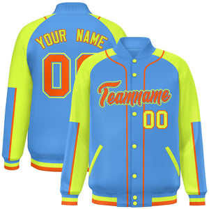 Custom Powder Blue Neon Green-Powder Blue Raglan Sleeves Varsity Full-Snap Letterman Baseball Jacket