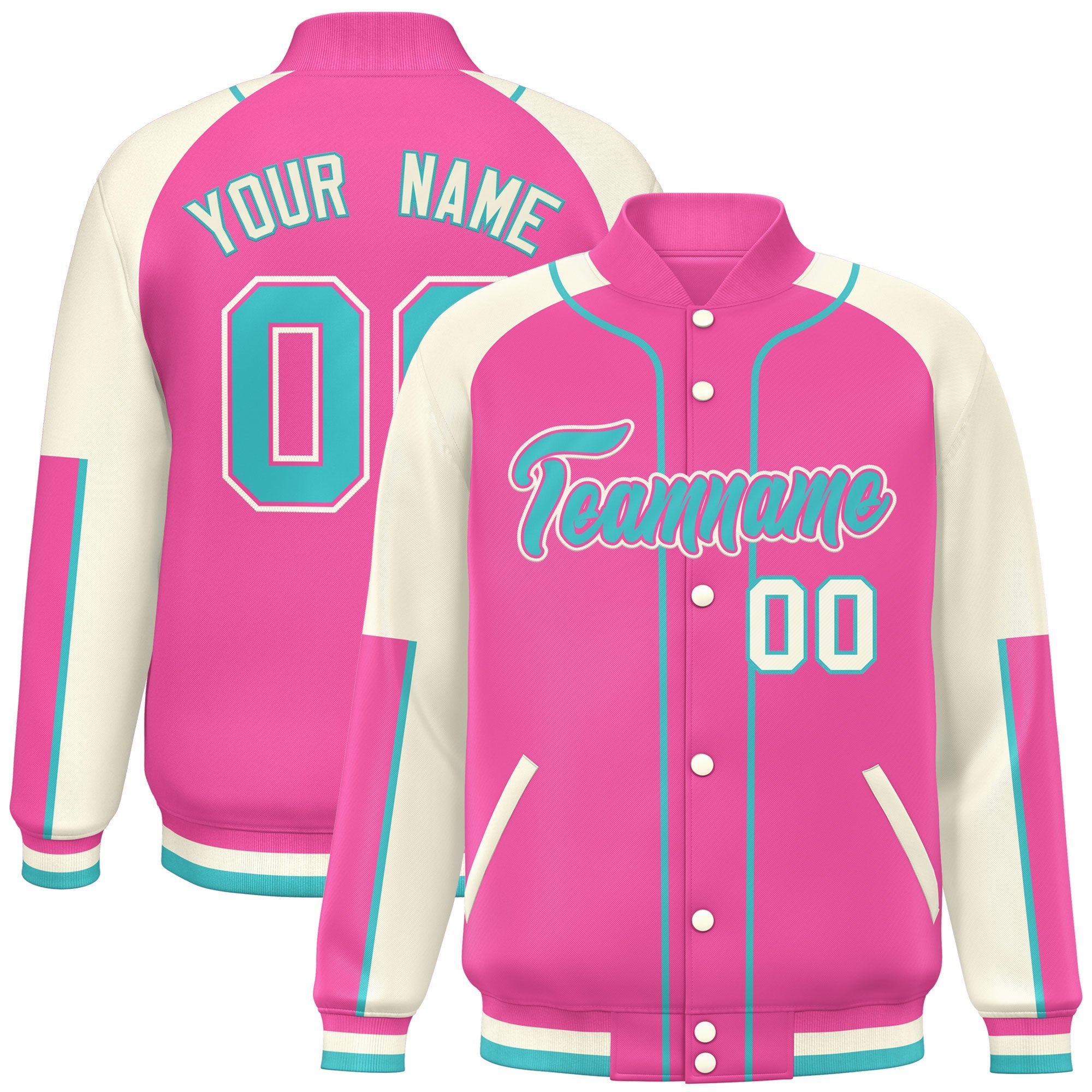 Custom Pink Cream-Pink Raglan Sleeves Varsity Full-Snap Letterman Baseball Jacket