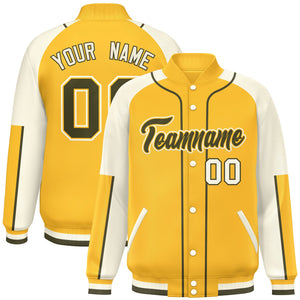 Custom Gold Cream-Gold Raglan Sleeves Varsity Full-Snap Letterman Baseball Jacket