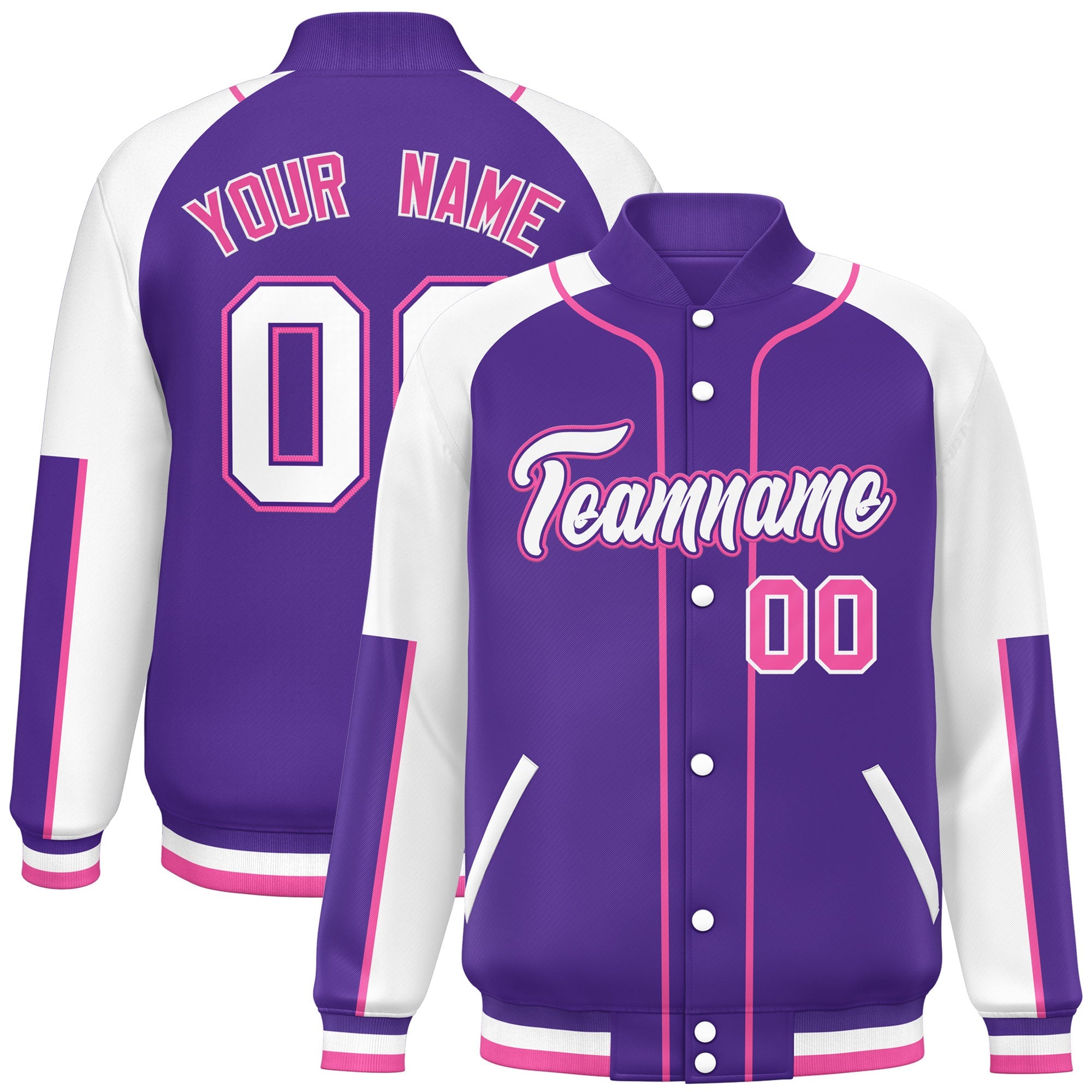 Custom Purple White-Purple Raglan Sleeves Varsity Full-Snap Letterman Baseball Jacket