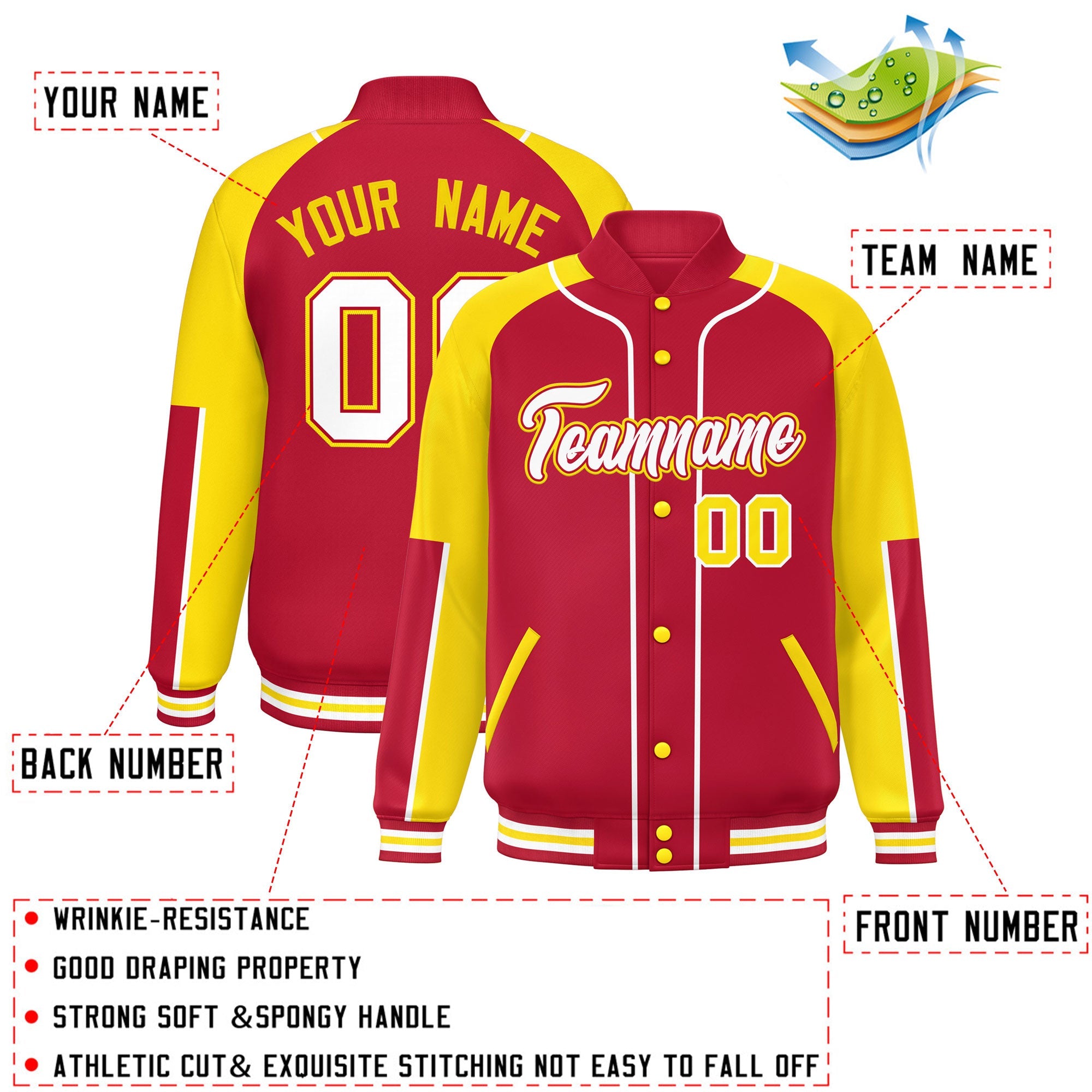 Custom Red Yellow-Red Raglan Sleeves Varsity Full-Snap Letterman Baseball Jacket