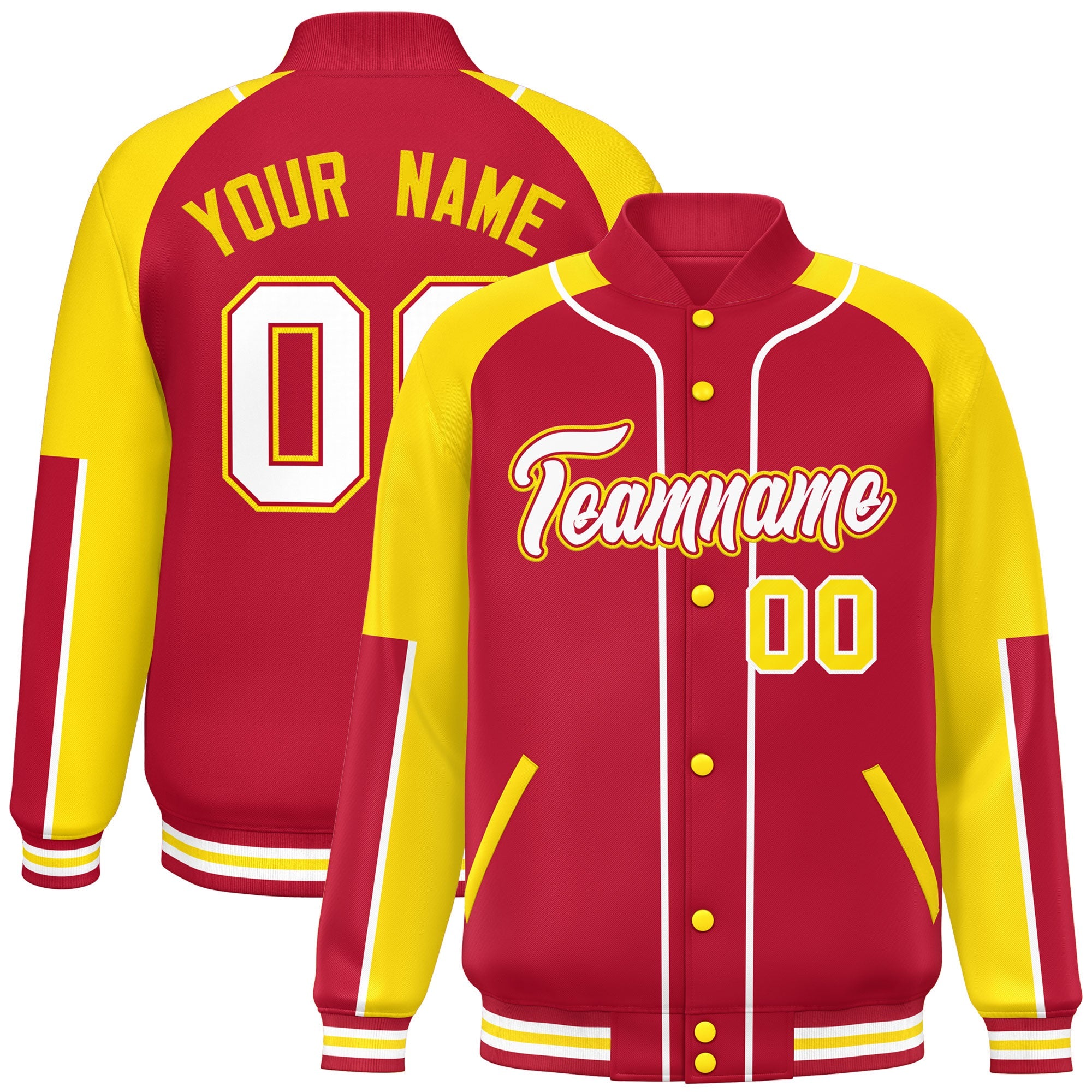 Custom Red Yellow-Red Raglan Sleeves Varsity Full-Snap Letterman Baseball Jacket