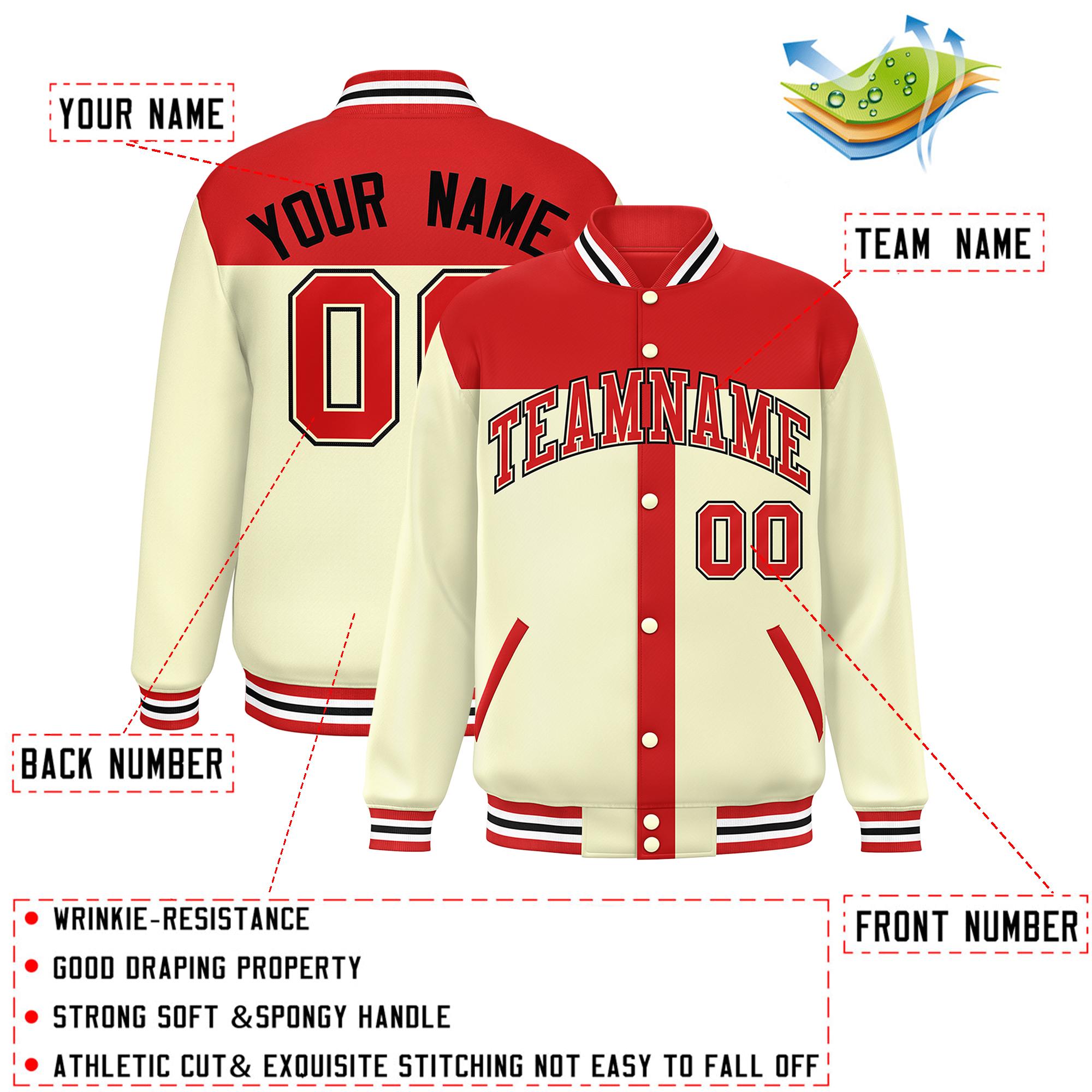 Custom Red Cream Color Block Bomber Varsity Baseball Jacket