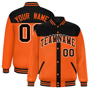 Custom Black Orange Color Block Bomber Varsity Baseball Jacket