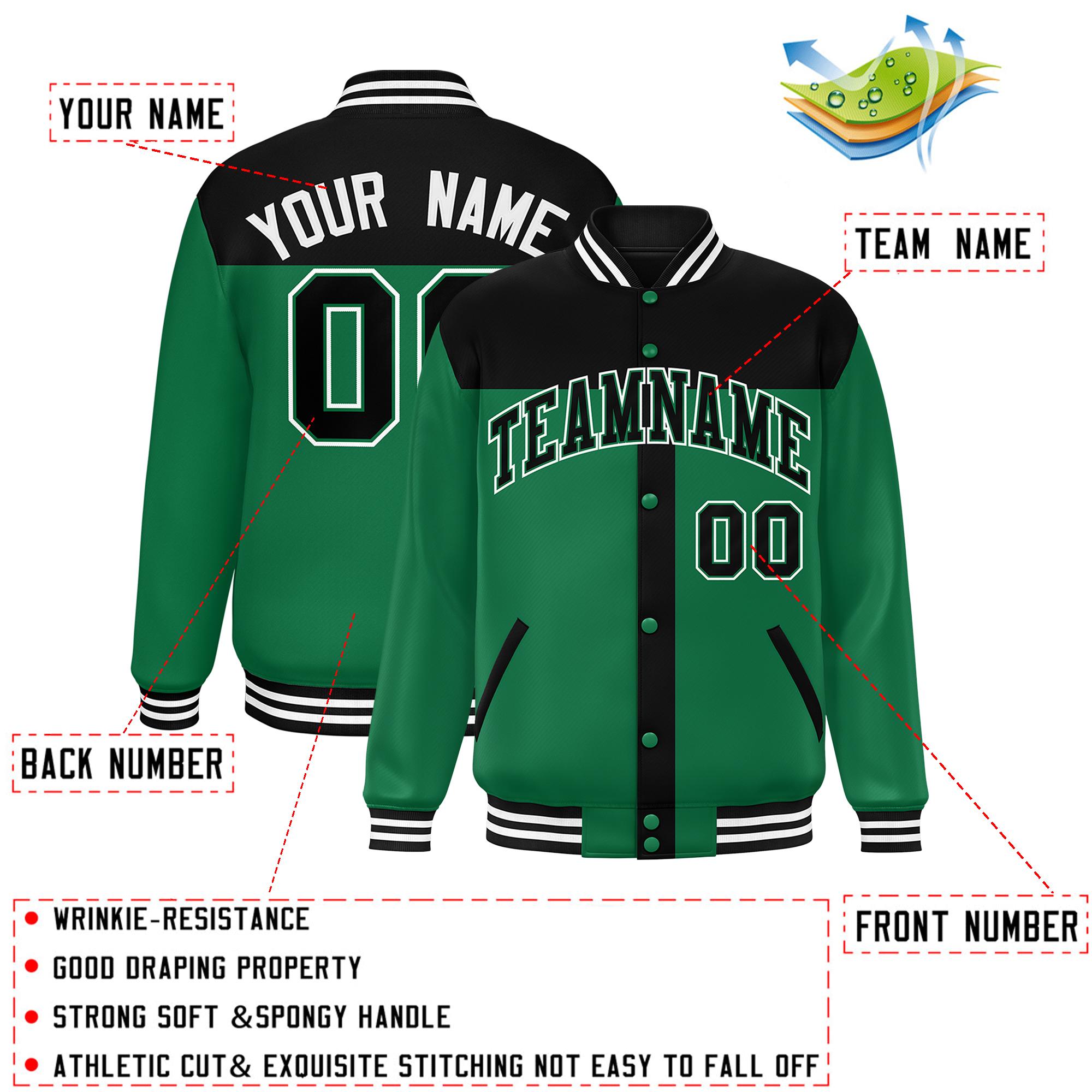 Custom Black Kelly Green Color Block Bomber Varsity Baseball Jacket