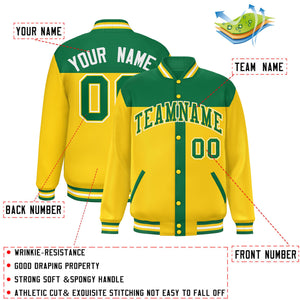 Custom Kelly Green Gold Color Block Bomber Varsity Baseball Jacket