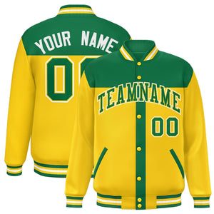 Custom Kelly Green Gold Color Block Bomber Varsity Baseball Jacket