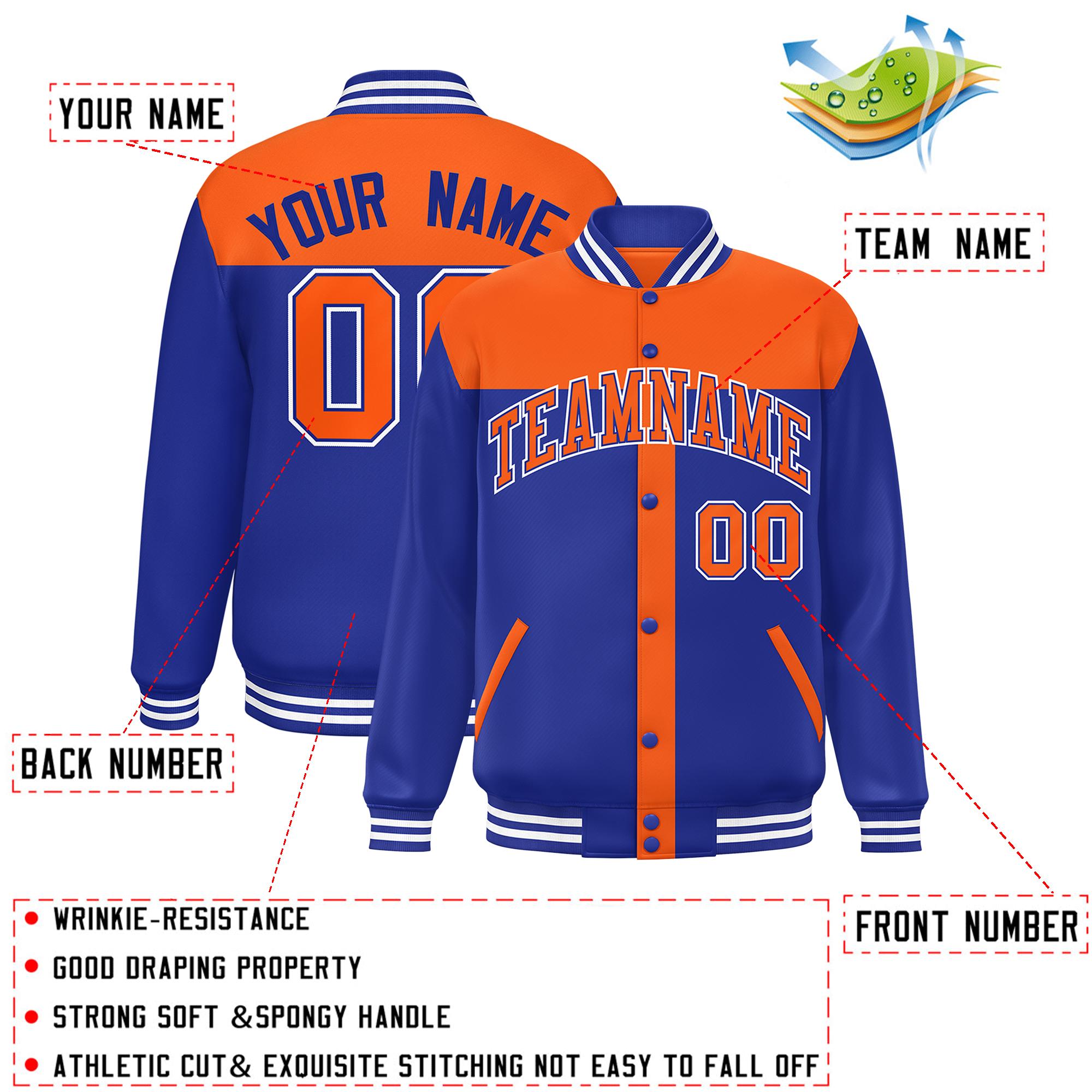 Custom Orange Royal Color Block Bomber Varsity Baseball Jacket