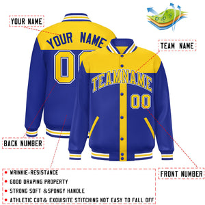 Custom Gold Royal Color Block Bomber Varsity Baseball Jacket