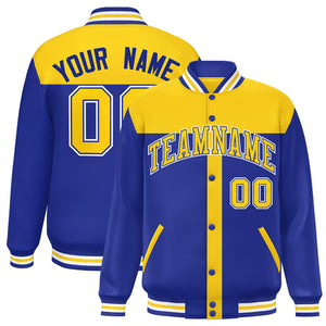 Custom Gold Royal Color Block Bomber Varsity Baseball Jacket