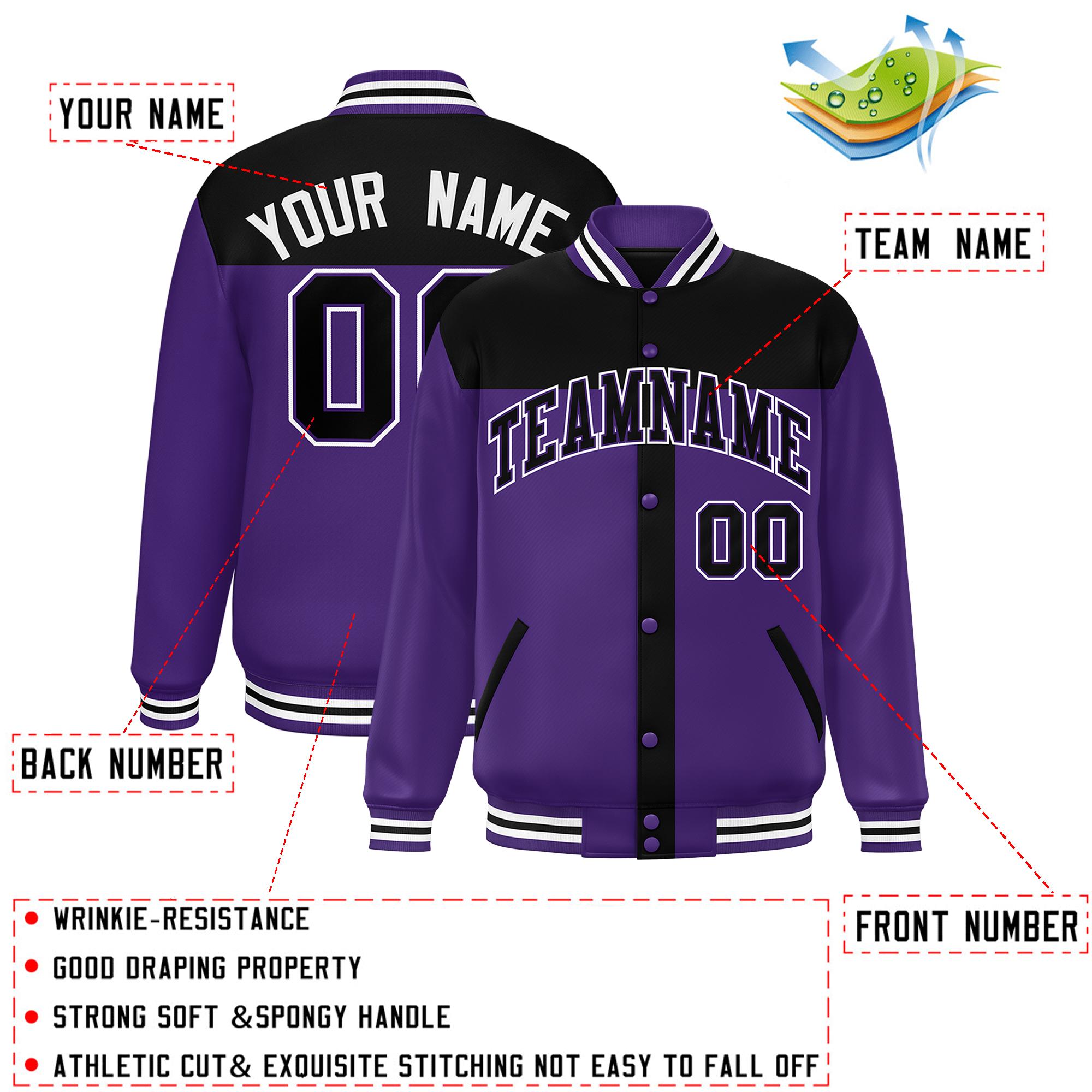 Custom Black Purple Color Block Bomber Varsity Baseball Jacket