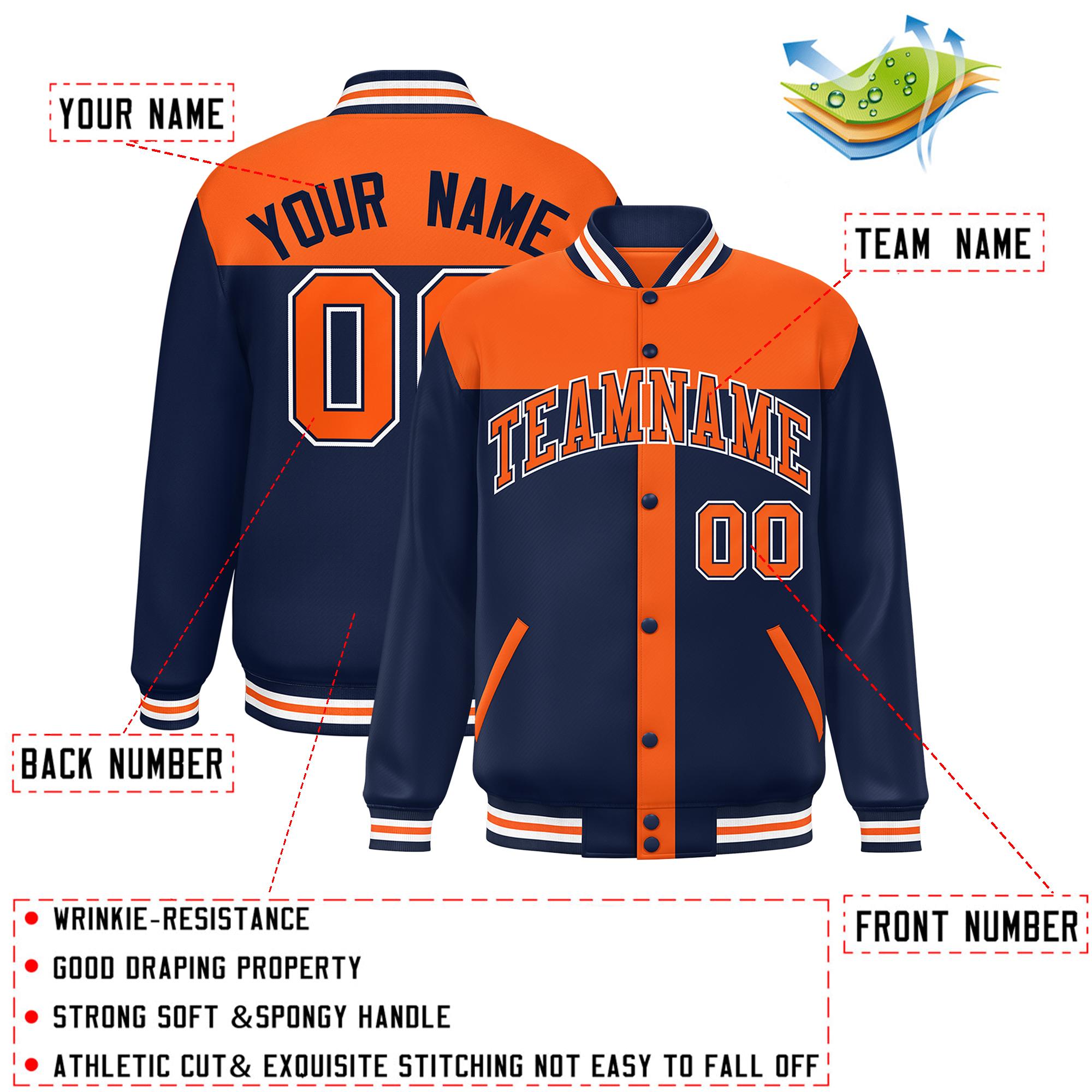 Custom Orange Navy Color Block Bomber Varsity Baseball Jacket