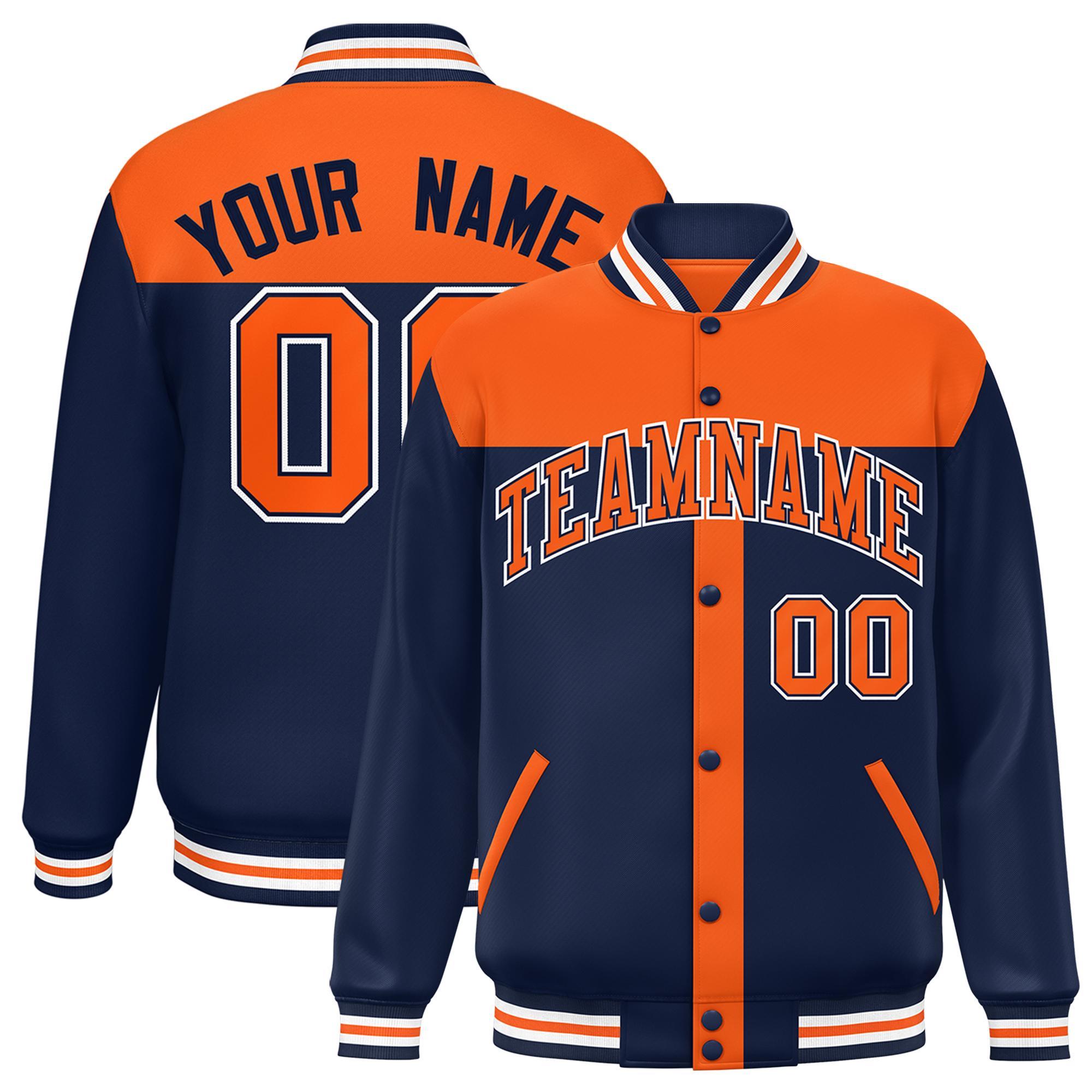 Custom Orange Navy Color Block Bomber Varsity Baseball Jacket