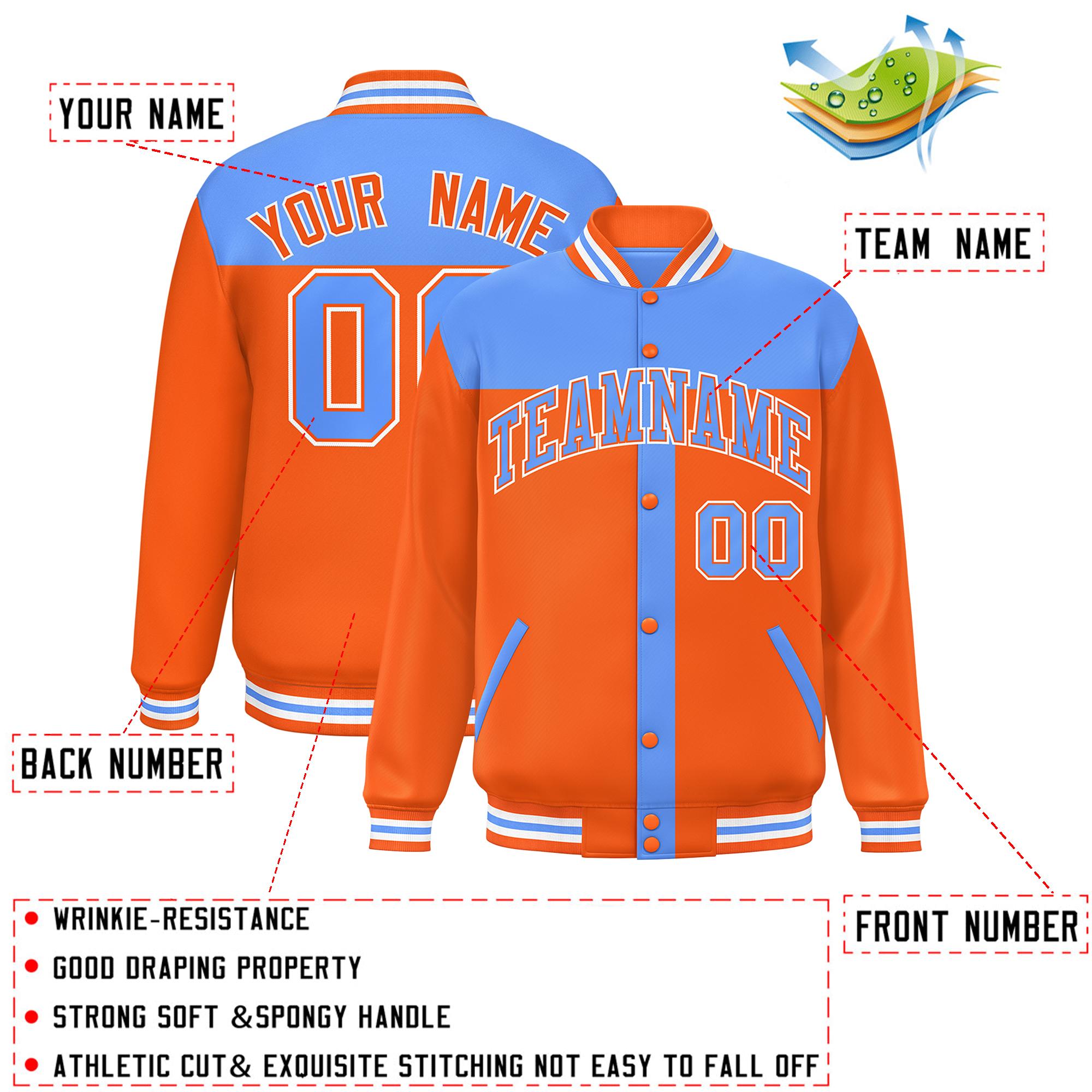 Custom Powder Blue Orange Color Block Bomber Varsity Baseball Jacket