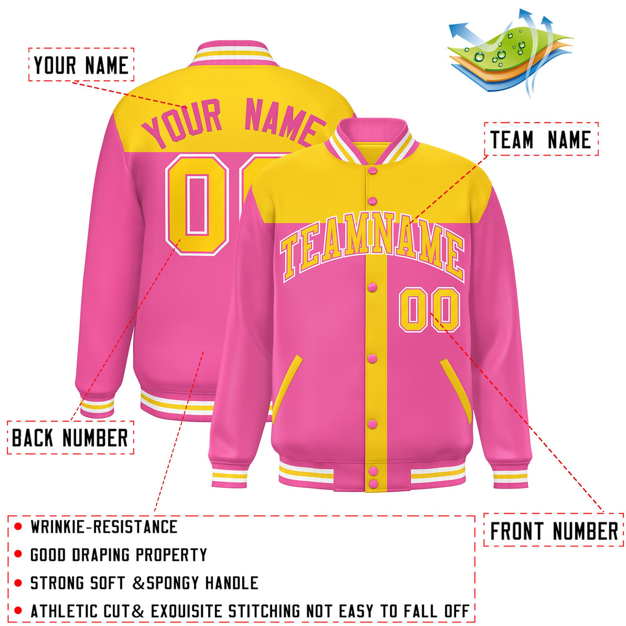 Custom Gold Pink Color Block Bomber Varsity Baseball Jacket