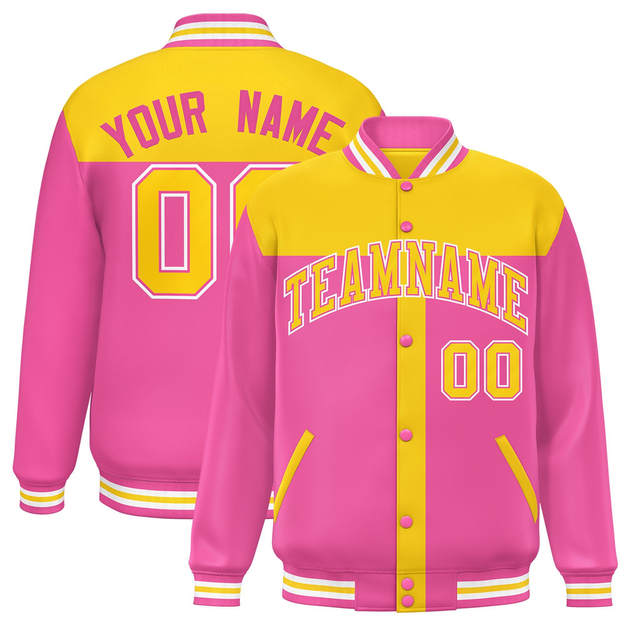 Custom Gold Pink Color Block Bomber Varsity Baseball Jacket