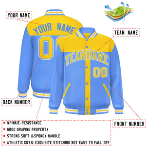 Custom Gold Powder Blue Color Block Bomber Varsity Baseball Jacket