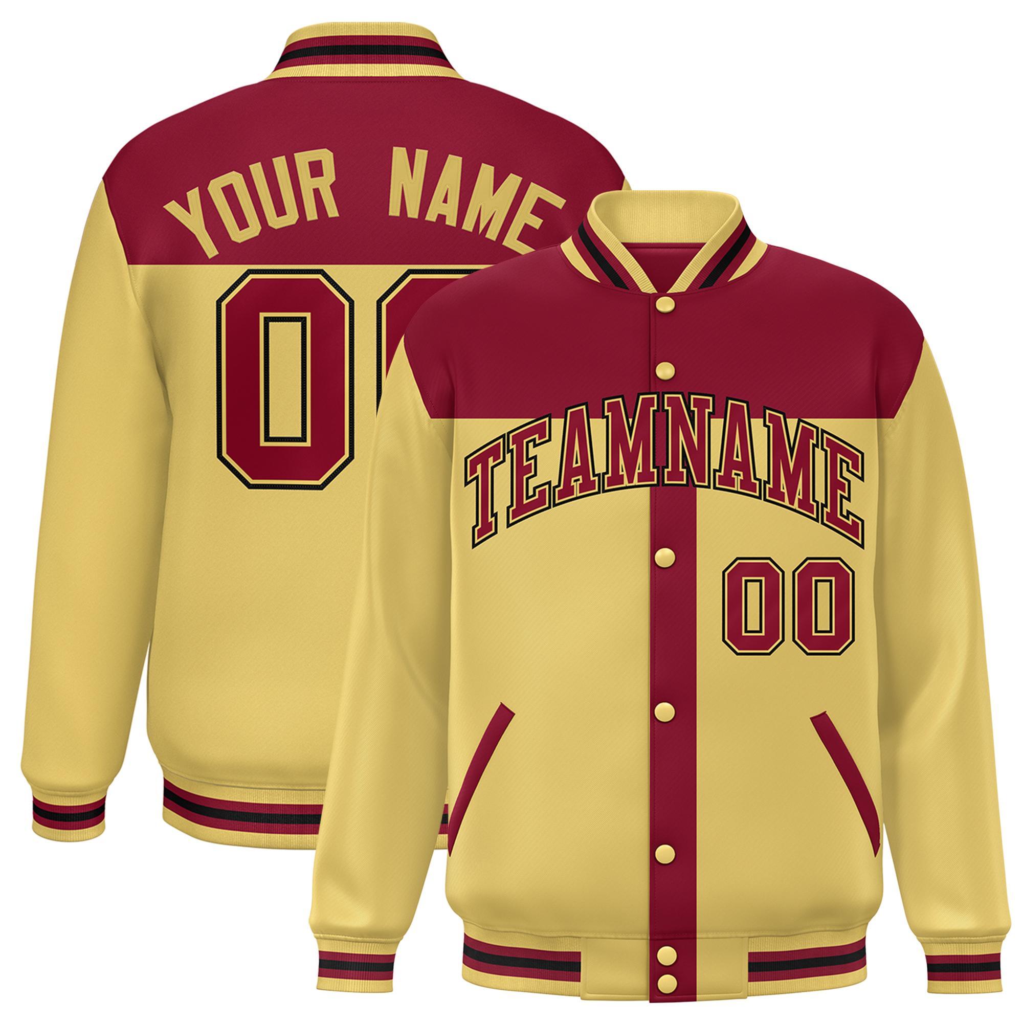 Custom Crimson Khaki Color Block Bomber Varsity Baseball Jacket