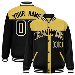 Custom Old Gold Black Color Block Bomber Varsity Baseball Jacket