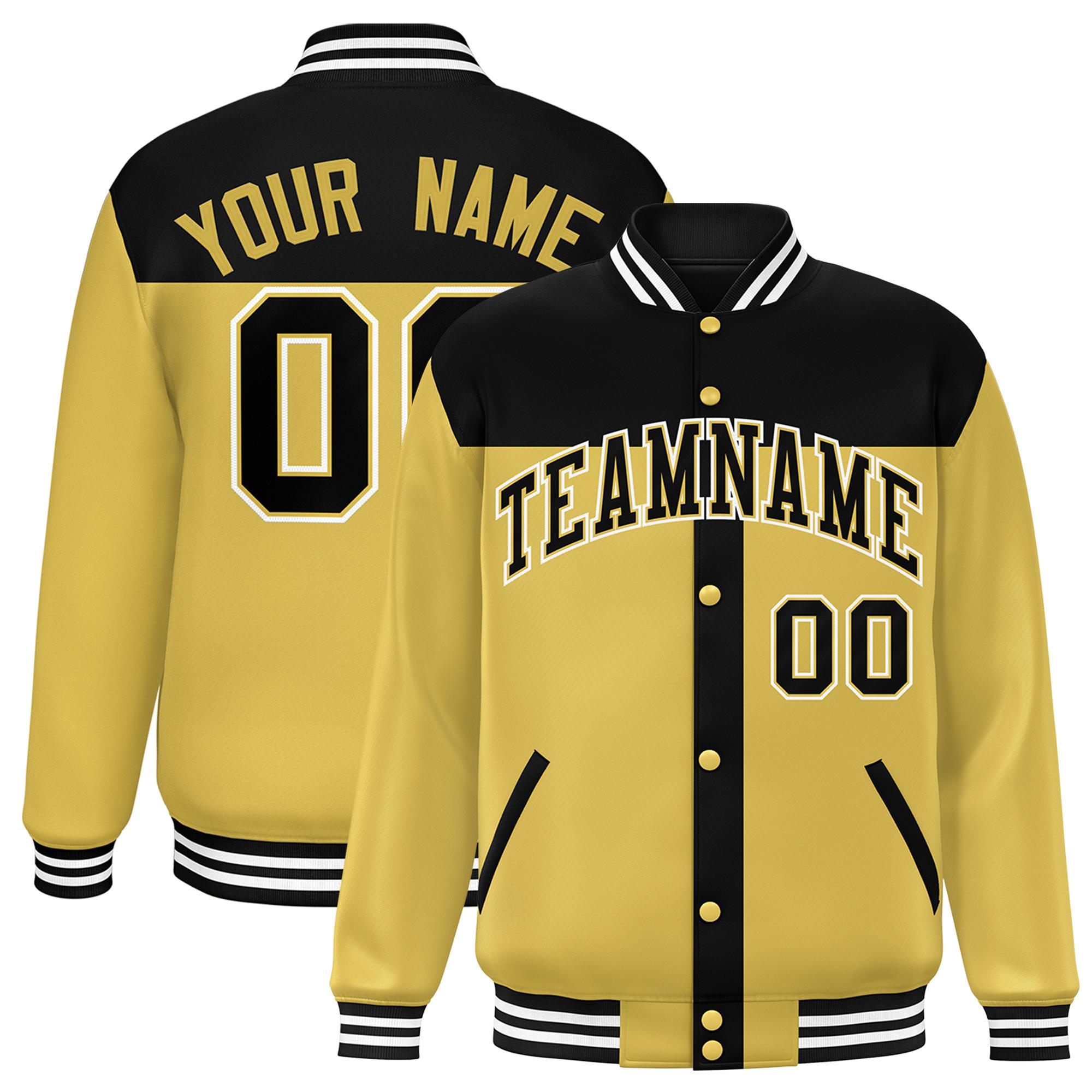 Custom Black Old Gold Color Block Bomber Varsity Baseball Jacket