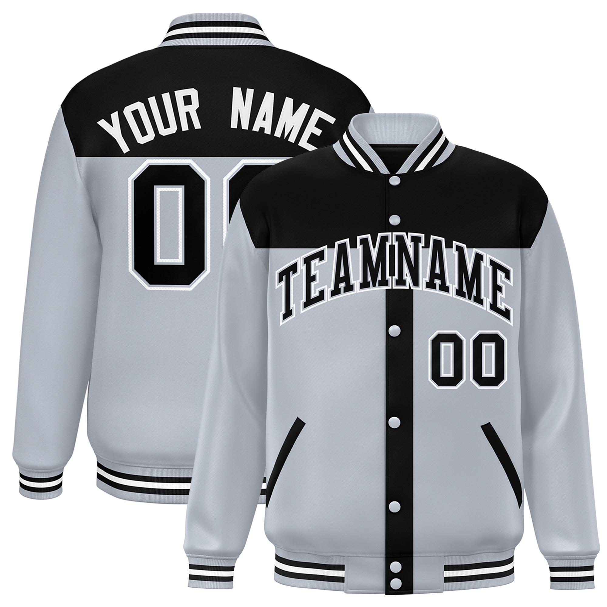 Custom Black Silver Color Block Bomber Varsity Baseball Jacket