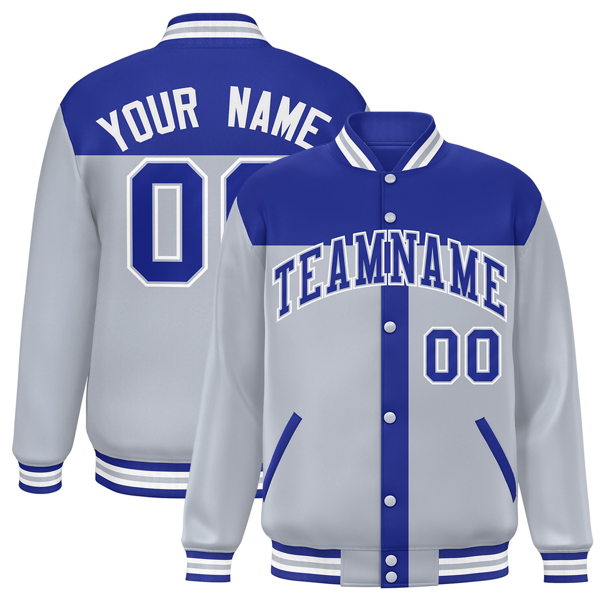 Custom Royal Silver Color Block Bomber Varsity Baseball Jacket