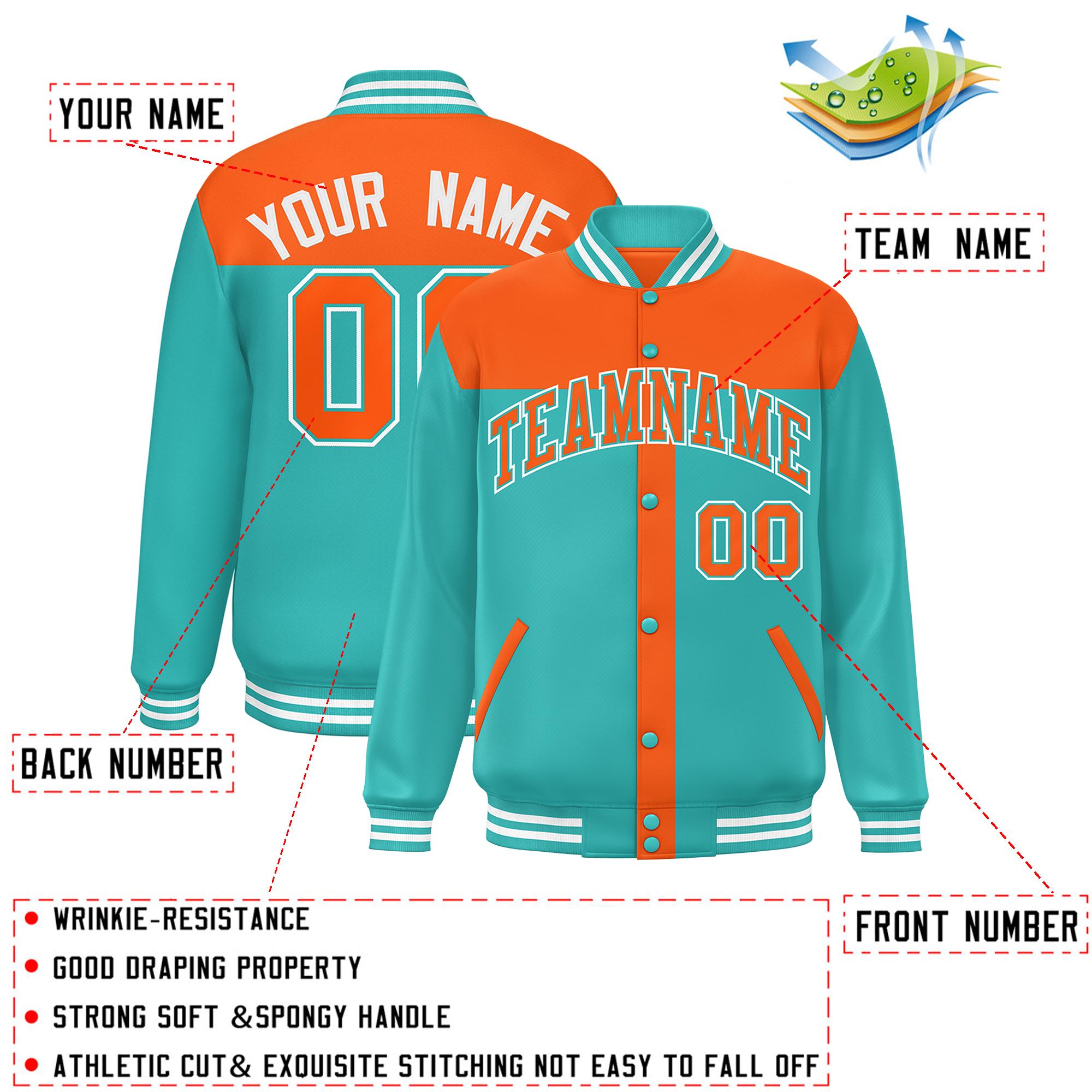 Custom Orange Aqua Color Block Bomber Varsity Baseball Jacket