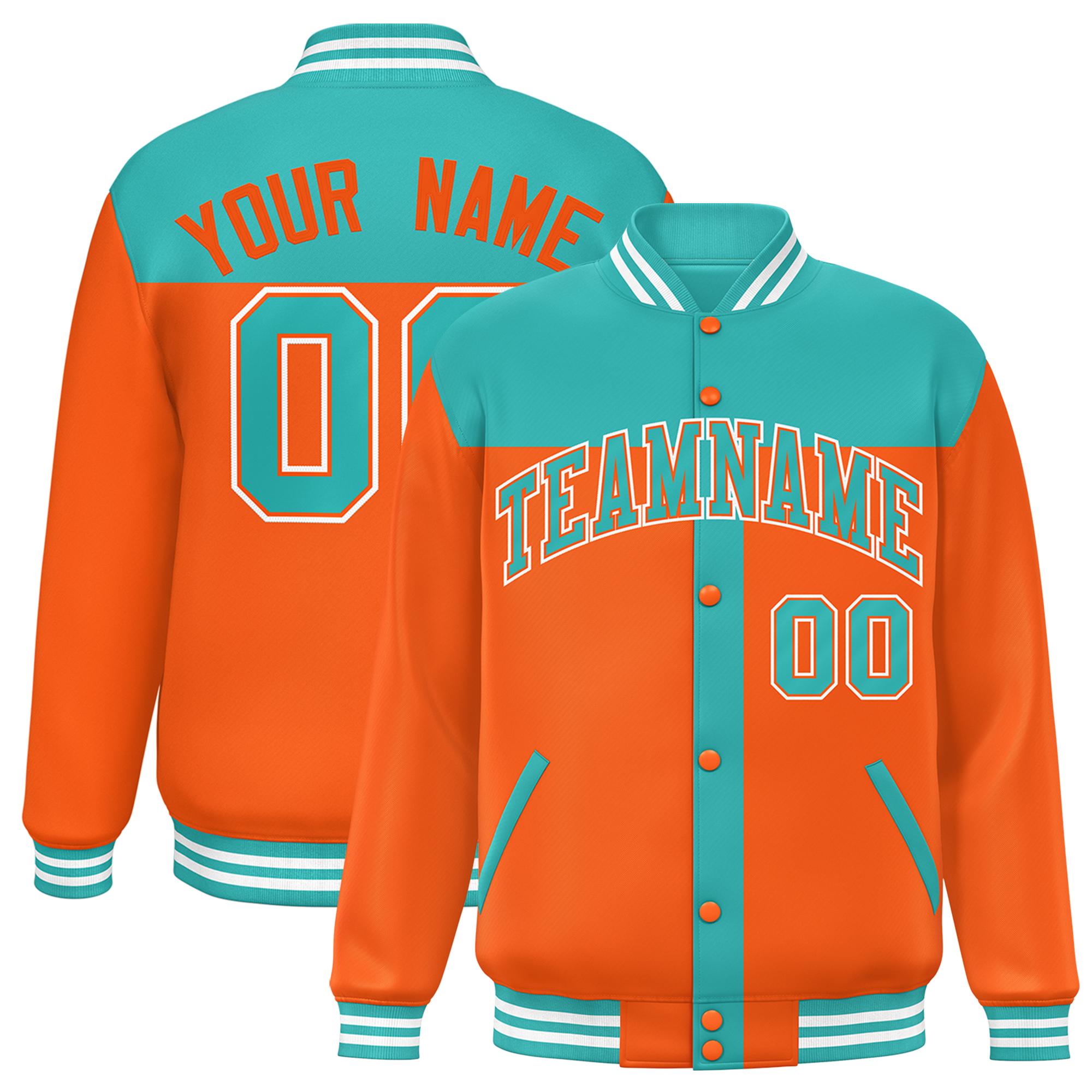 Custom Aqua Orange Color Block Bomber Varsity Baseball Jacket