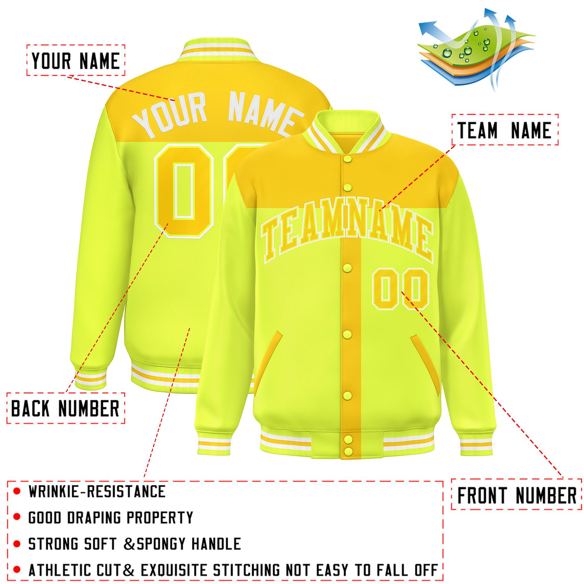 Custom Gold Green Color Block Bomber Varsity Baseball Jacket