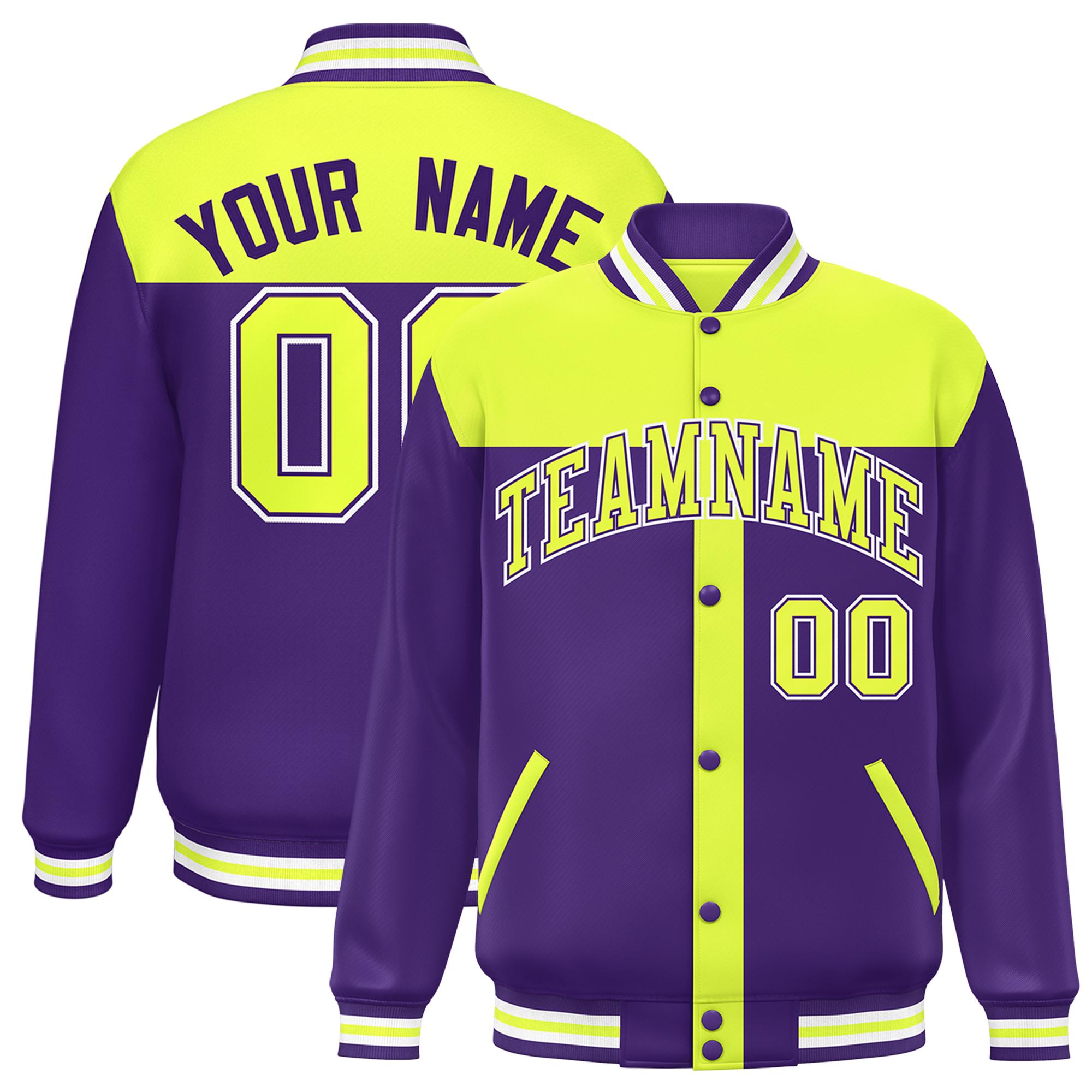 Custom Green Purple Color Block Bomber Varsity Baseball Jacket