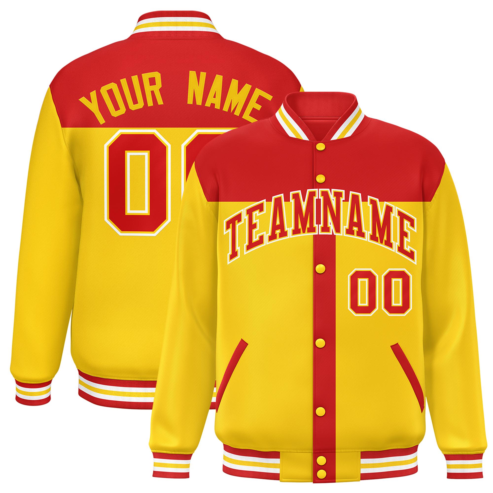 Custom Red Gold Color Block Bomber Varsity Baseball Jacket