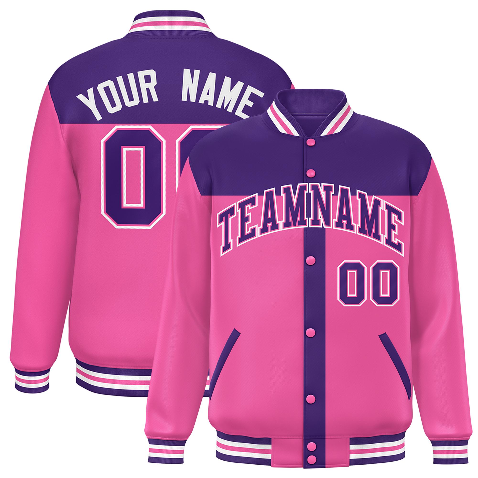 Custom Purple Pink Color Block Bomber Varsity Baseball Jacket