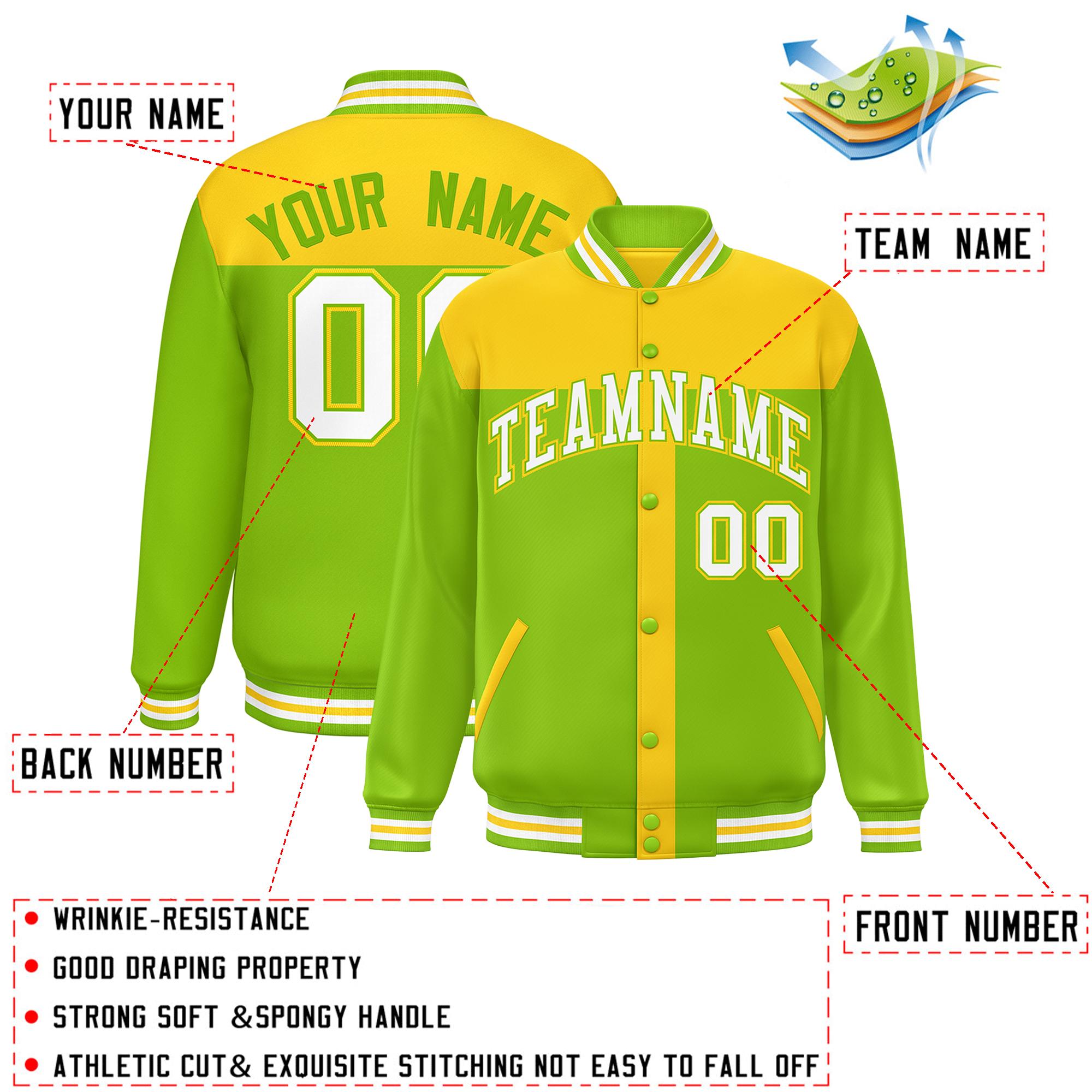 Custom Gold Neon Green Color Block Bomber Varsity Baseball Jacket