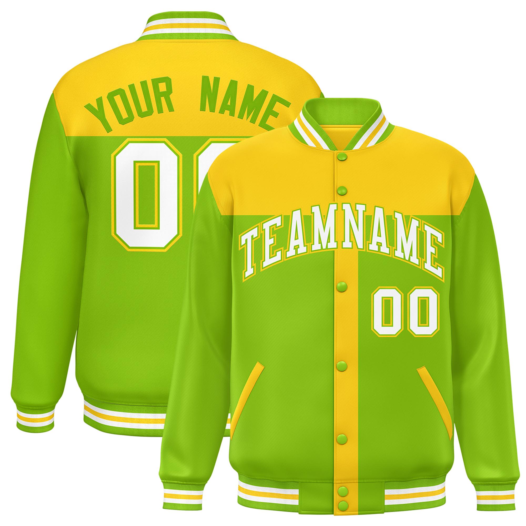 Custom Gold Neon Green Color Block Bomber Varsity Baseball Jacket