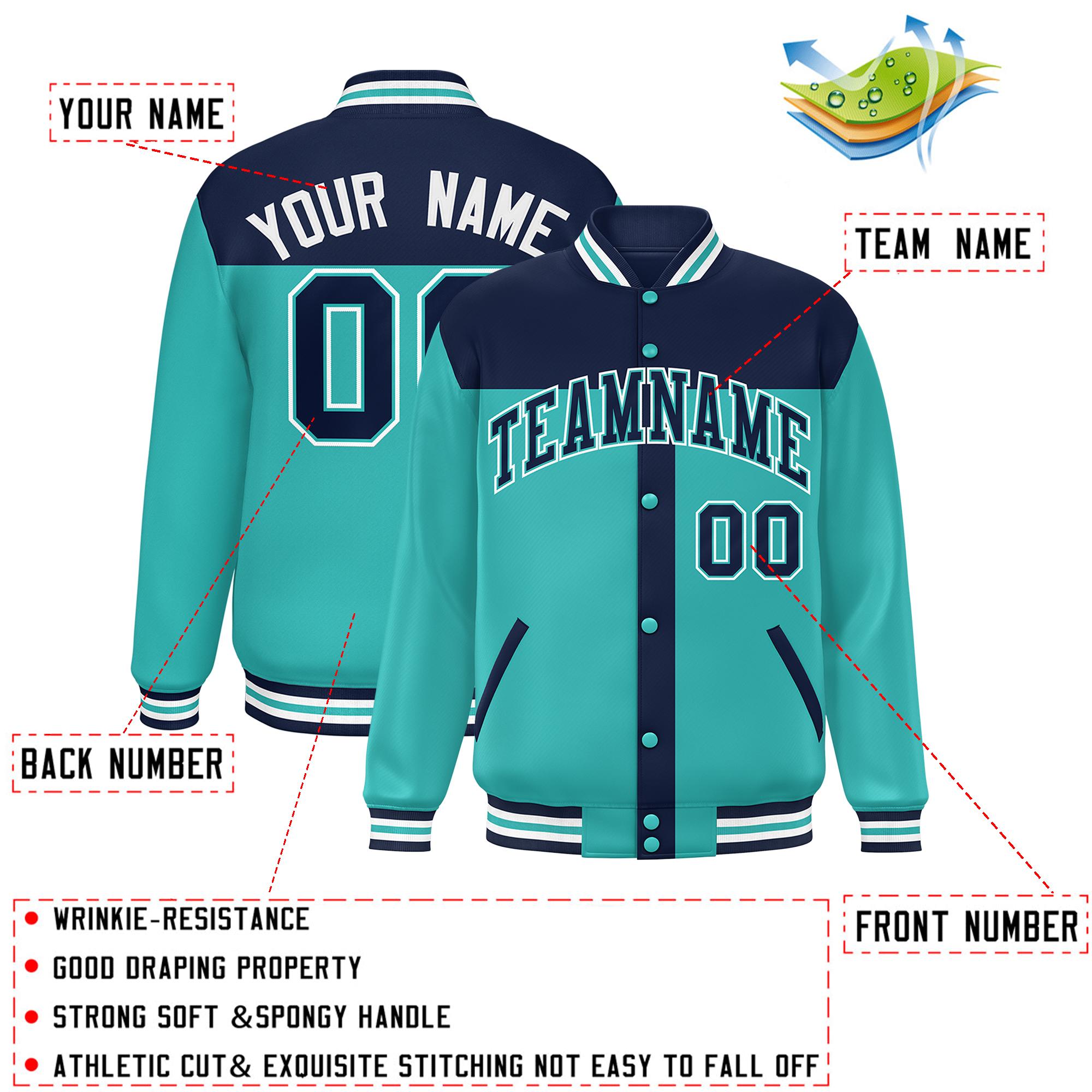 Custom Navy Aqua Color Block Bomber Varsity Baseball Jacket