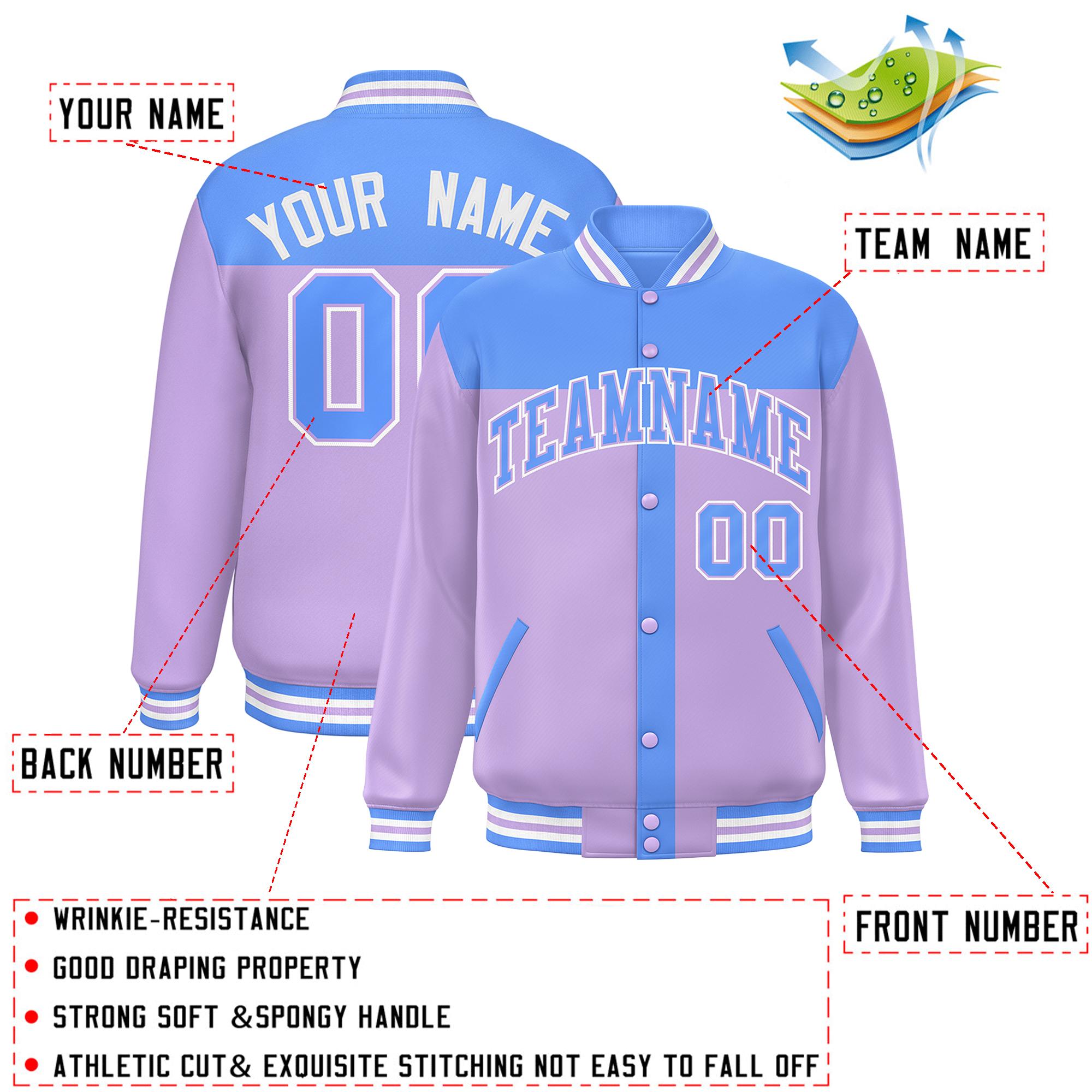 Custom Powder Blue Light Purple Color Block Bomber Varsity Baseball Jacket