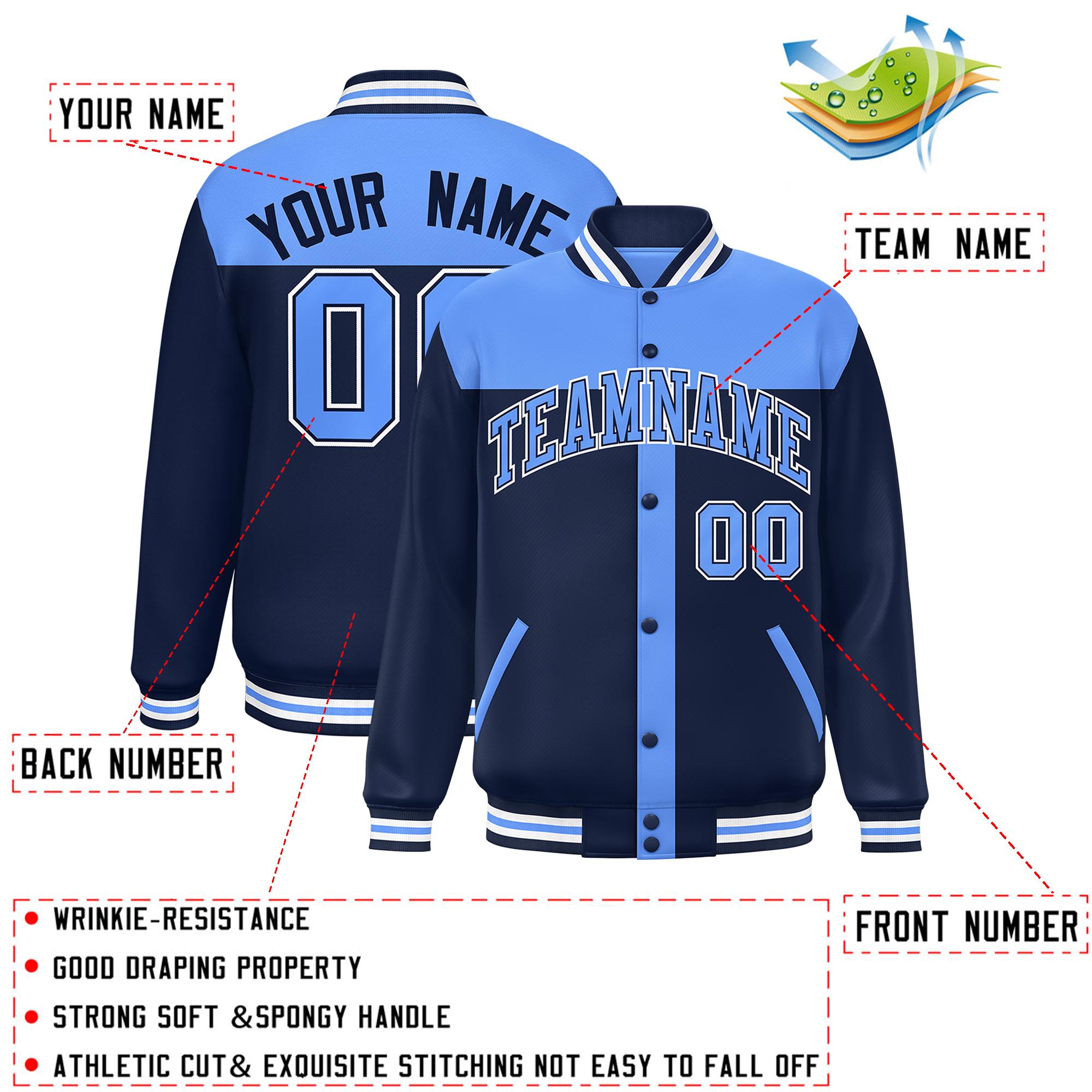 Custom Powder Blue Navy Color Block Bomber Varsity Baseball Jacket