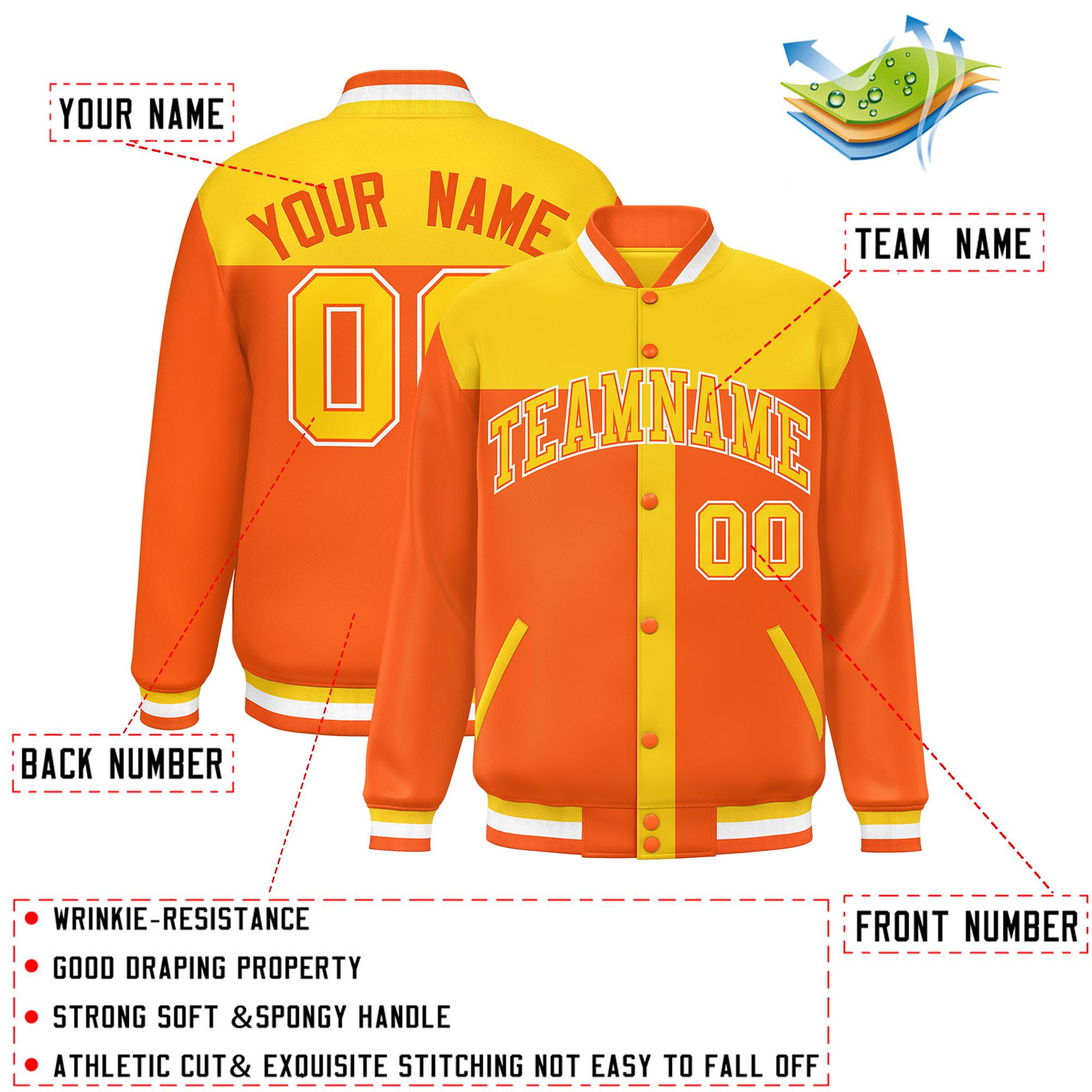 Custom Gold Orange Color Block Bomber Varsity Baseball Jacket