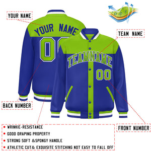 Custom Neon Green Royal Color Block Bomber Varsity Baseball Jacket