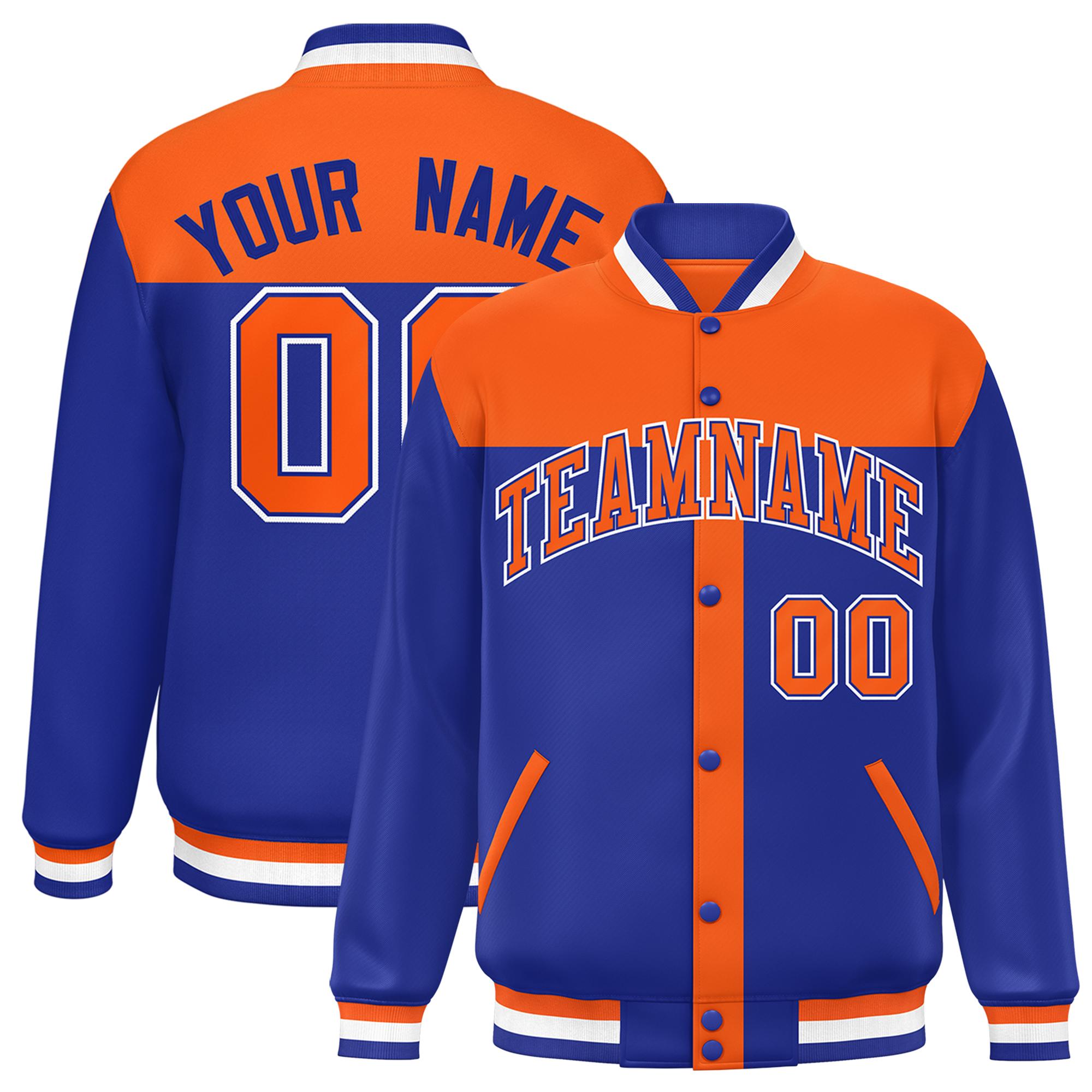 Custom Orange Royal Color Block Bomber Varsity Baseball Jacket