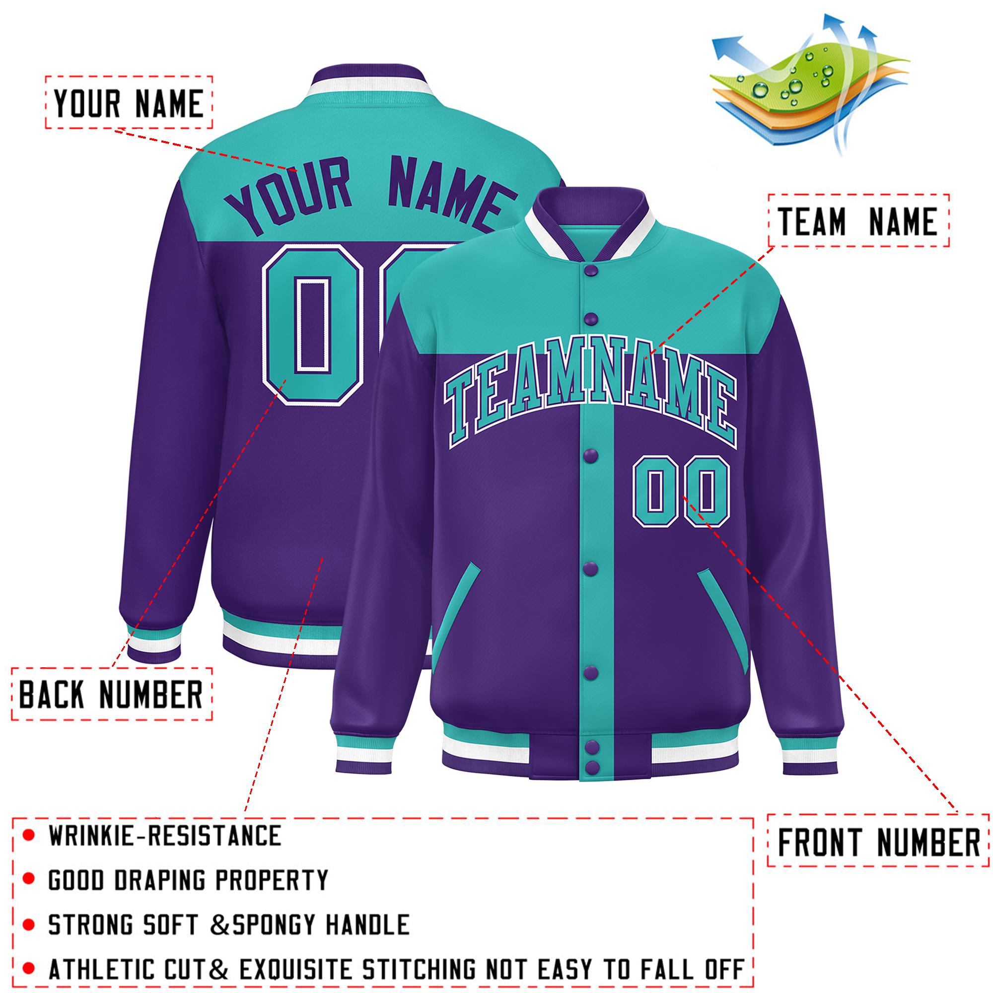 Custom Aqua Purple Color Block Bomber Varsity Baseball Jacket