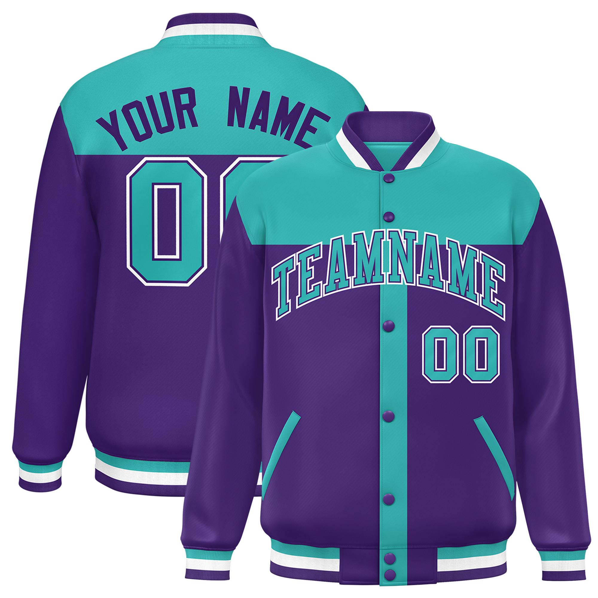 Custom Aqua Purple Color Block Bomber Varsity Baseball Jacket