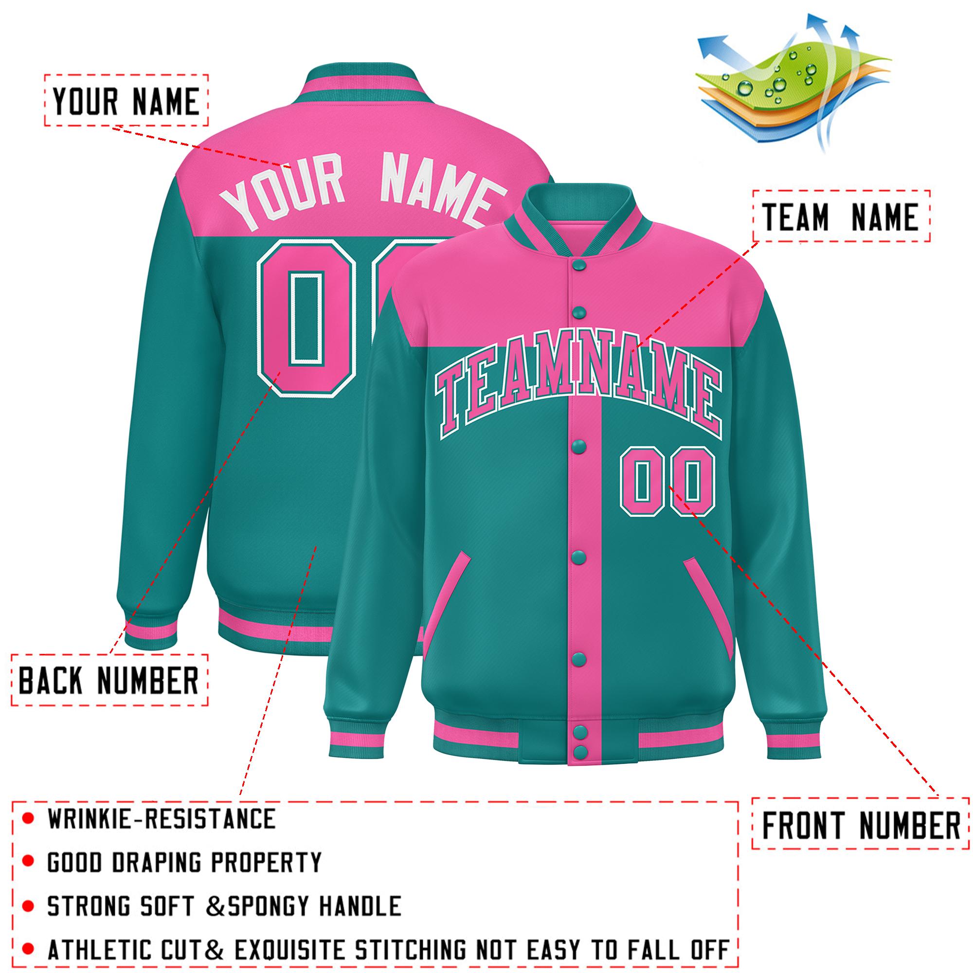 Custom Pink Aqua Color Block Bomber Varsity Baseball Jacket