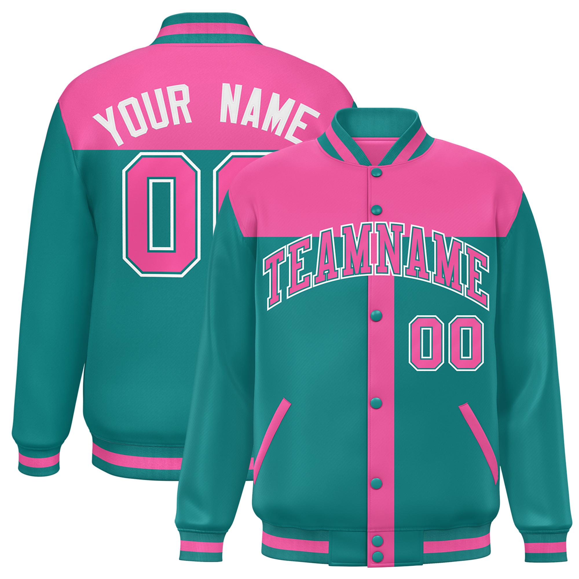 Custom Pink Aqua Color Block Bomber Varsity Baseball Jacket