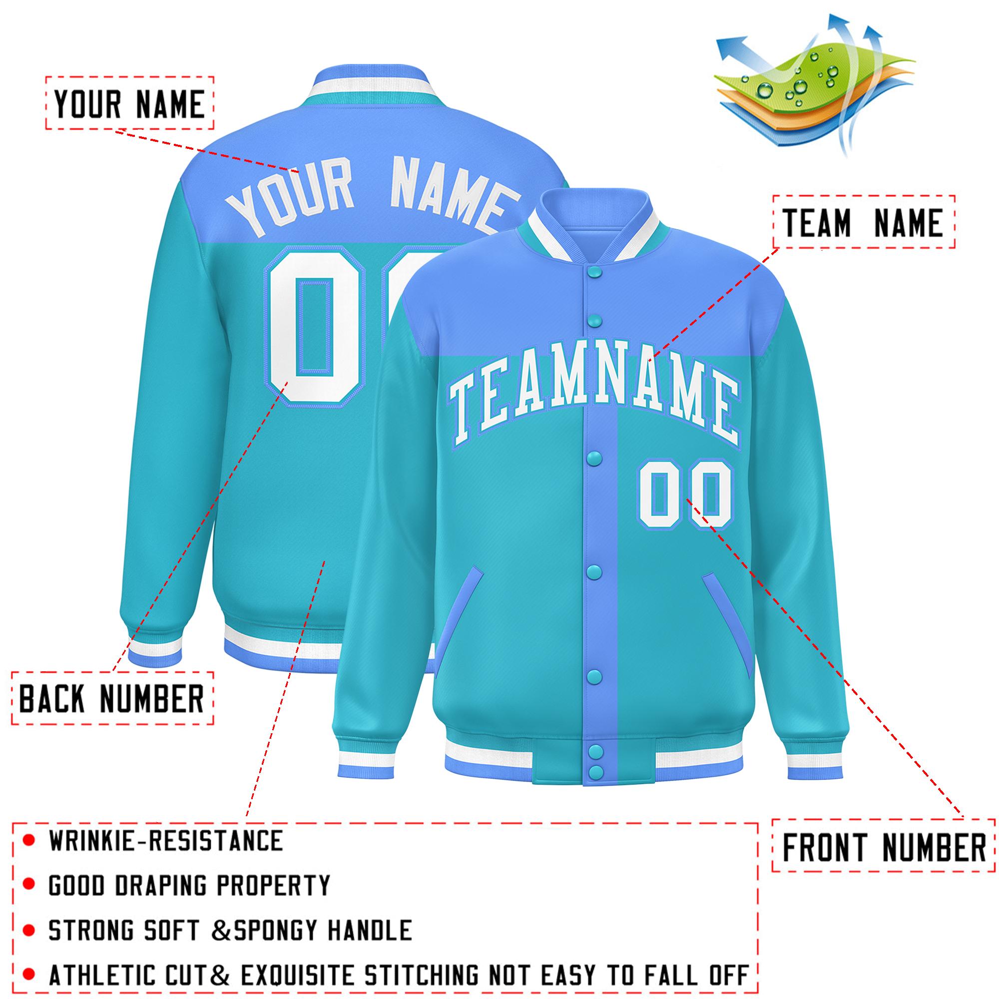 Custom Powder Blue Sky Blue Color Block Bomber Varsity Baseball Jacket