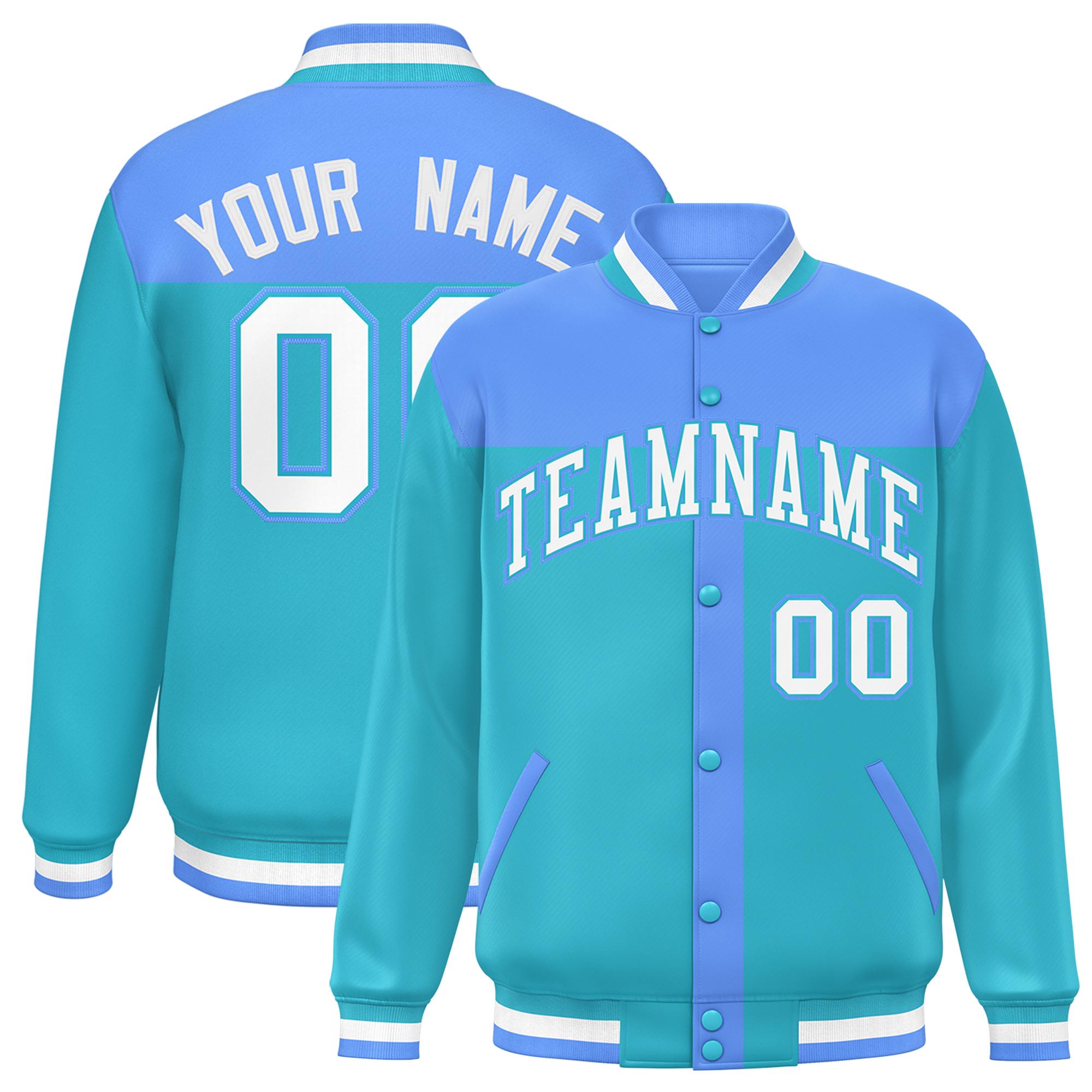 Custom Powder Blue Sky Blue Color Block Bomber Varsity Baseball Jacket