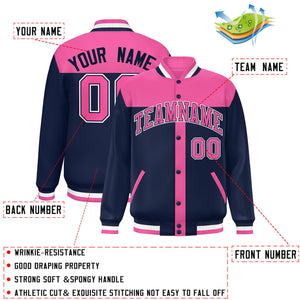 Custom Pink Navy Color Block Bomber Varsity Baseball Jacket