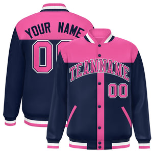 Custom Pink Navy Color Block Bomber Varsity Baseball Jacket